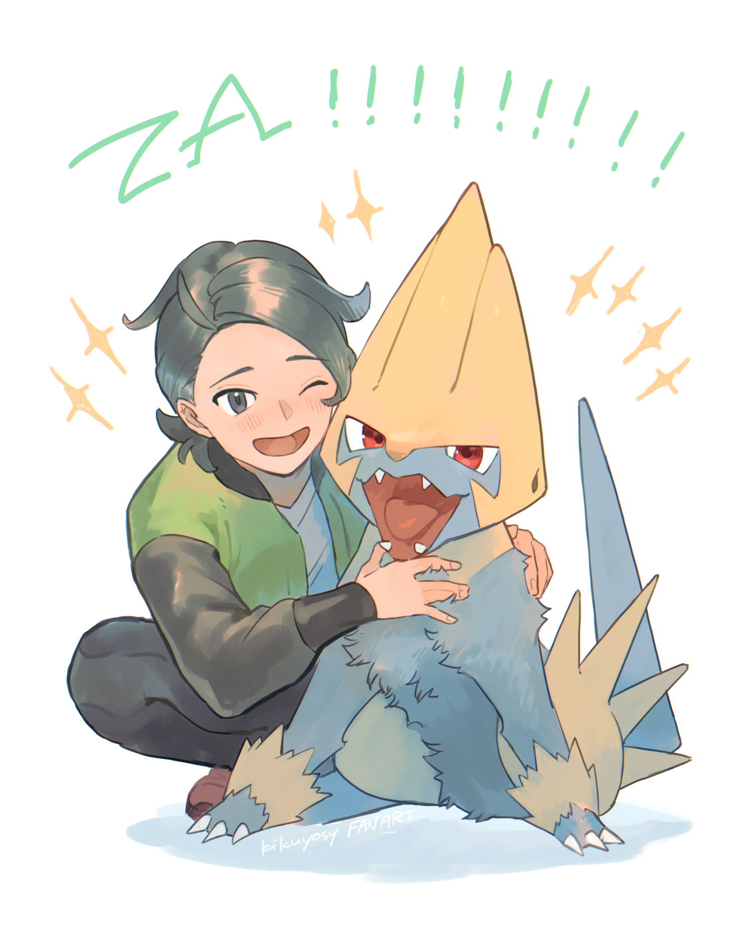 kikuyoshi (tracco), manectric, paxton (pokemon), nintendo, pokemon, pokemon legends: z-a, commentary request, highres, 1boy, ;d, black hair, black pants, gen 3 pokemon, green jacket, grey eyes, happy, jacket, male focus, one eye closed, open clothes, open jacket, open mouth, pants, pokemon (creature), shirt, shoes, smile, sparkle, squatting, tongue, white background