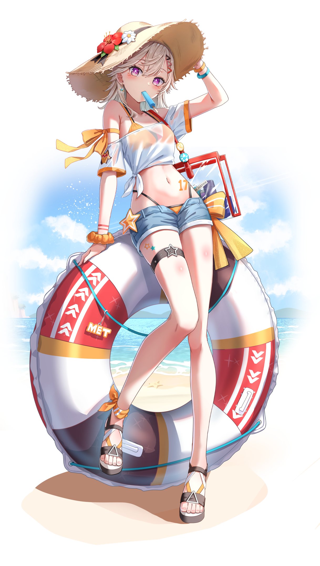 chacha zo, komori met, vspo!, highres, 1girl, bare shoulders, beach, bikini, bikini under clothes, cloud, denim, denim shorts, earrings, food, food in mouth, full body, hat, jewelry, looking at viewer, medium hair, mouth hold, ocean, off shoulder, orange bikini, popsicle, purple eyes, sandals, shirt, short sleeves, shorts, solo, straw hat, sun hat, swim ring, swimsuit, virtual youtuber, white background, white shirt
