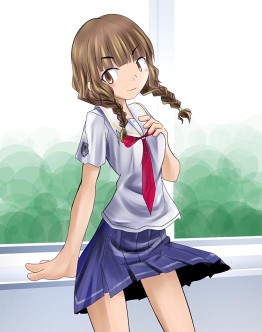 oto seki, mizusawa mao, kimi kiss, 1girl, braid, brown hair, female focus, hair over shoulder, school uniform, serafuku, skirt, solo, twin braids, twintails
