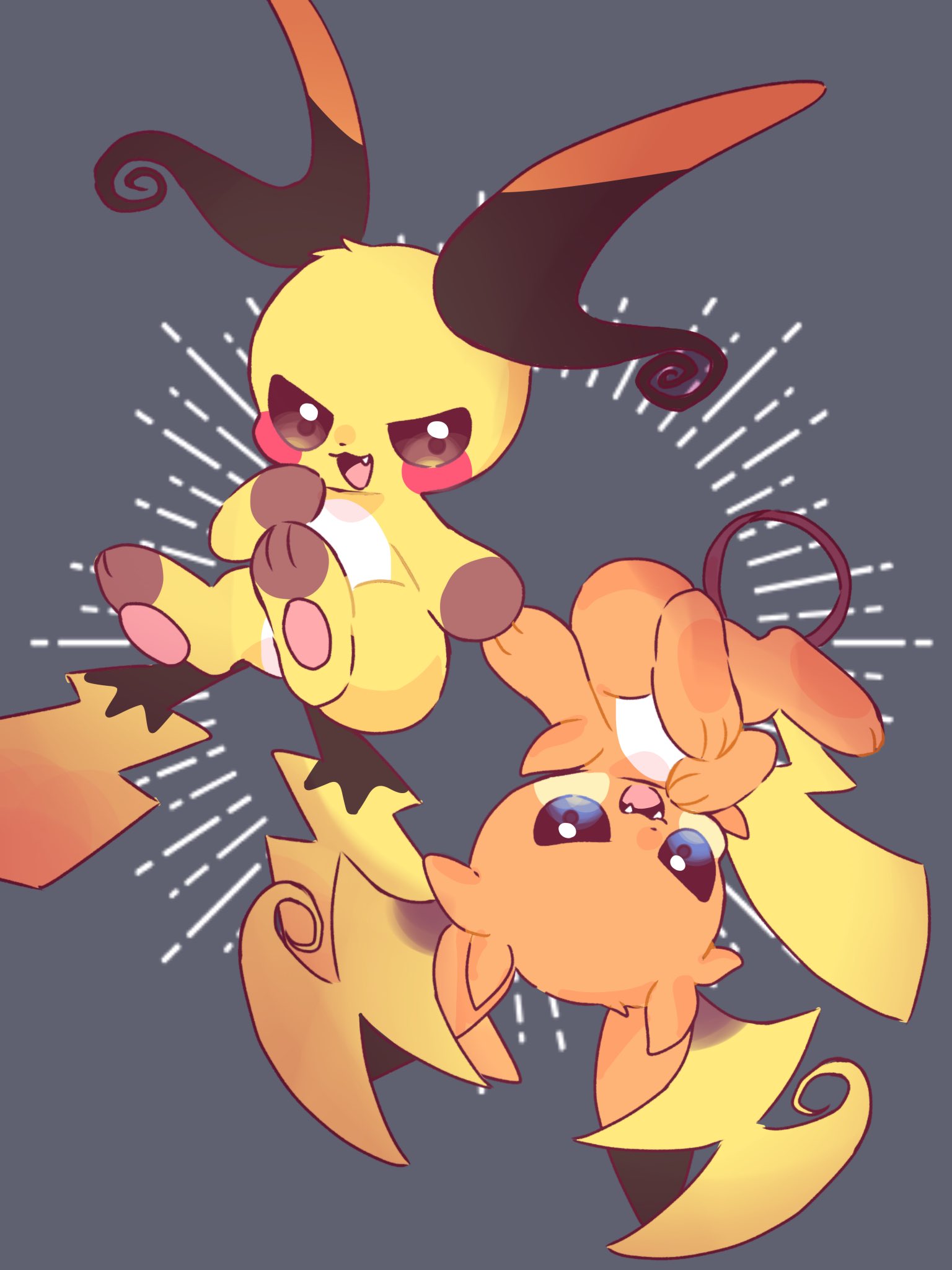 maaari pkmn, mega raichu x, mega raichu y, raichu, nintendo, pokemon, commentary request, highres, blue eyes, brown eyes, fang, fangs, gen 1 pokemon, looking at viewer, no humans, open mouth, pokemon (creature), pokemon focus, smile