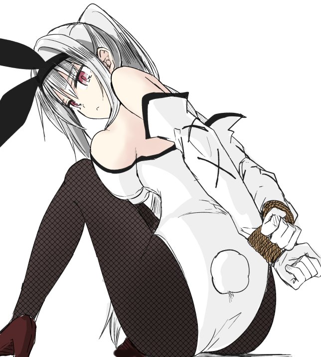hako roku, ravi, official art, 1girl, bare shoulders, black hairband, bound, bound wrists, bow hairband, breast press, breasts, brown shoes, closed mouth, detached sleeves, fake tail, fishnet pantyhose, fishnets, from behind, full body, gloves, hair between eyes, hairband, high heels, high ponytail, large breasts, leotard, long hair, looking at viewer, makai gacha wa kyou mo shibui, pantyhose, playboy bunny, ponytail, rabbit tail, red eyes, rope, shoes, sidelocks, simple background, solo, strapless, strapless leotard, tail, very long hair, white background, white gloves, white hair, white leotard