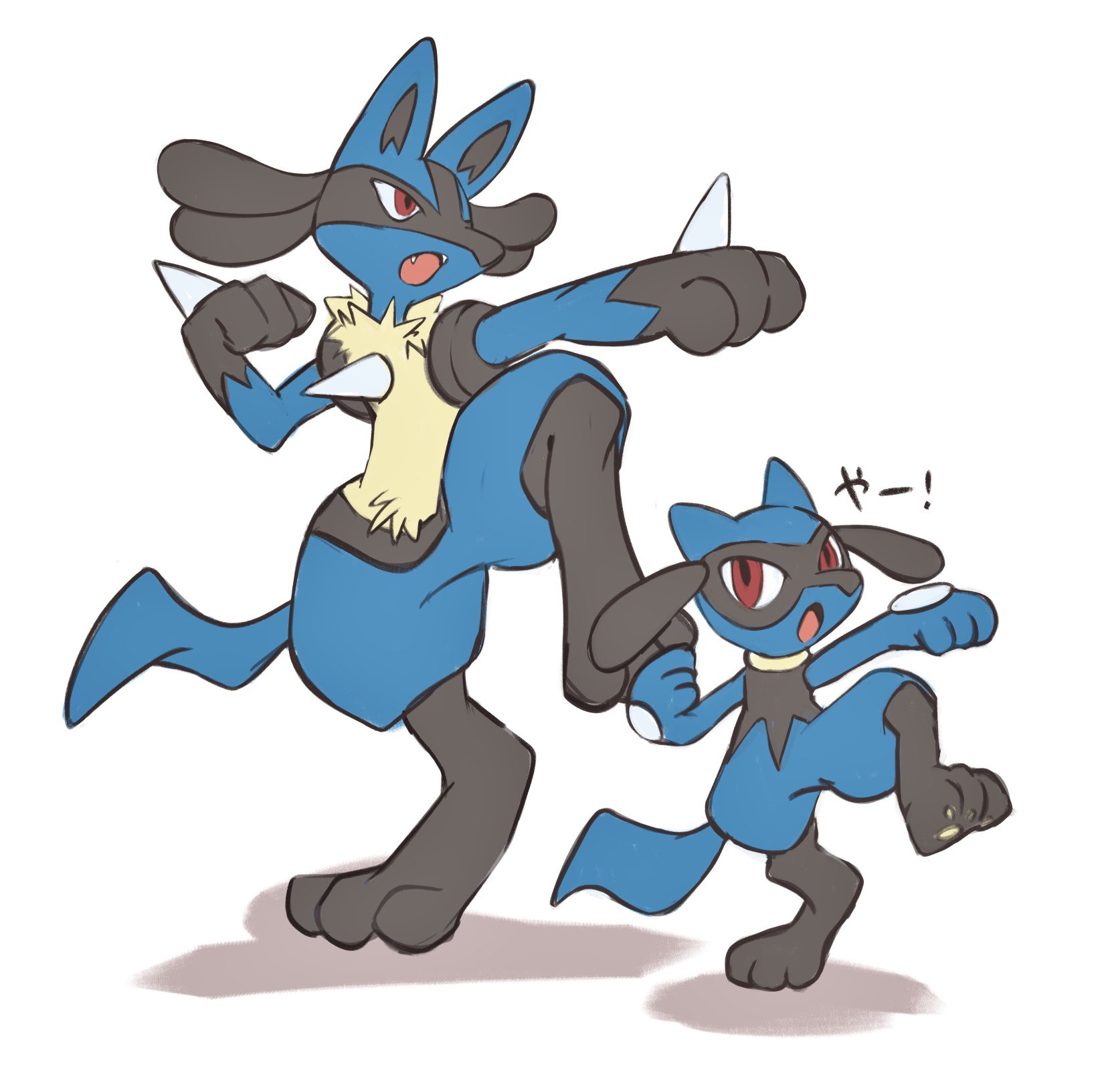 anzu (01010611), lucario, riolu, nintendo, pokemon, highres, :o, evolutionary line, fangs, gen 4 pokemon, leg up, open mouth, pokemon (creature), pokemon focus, red eyes, standing, standing on one leg, white background