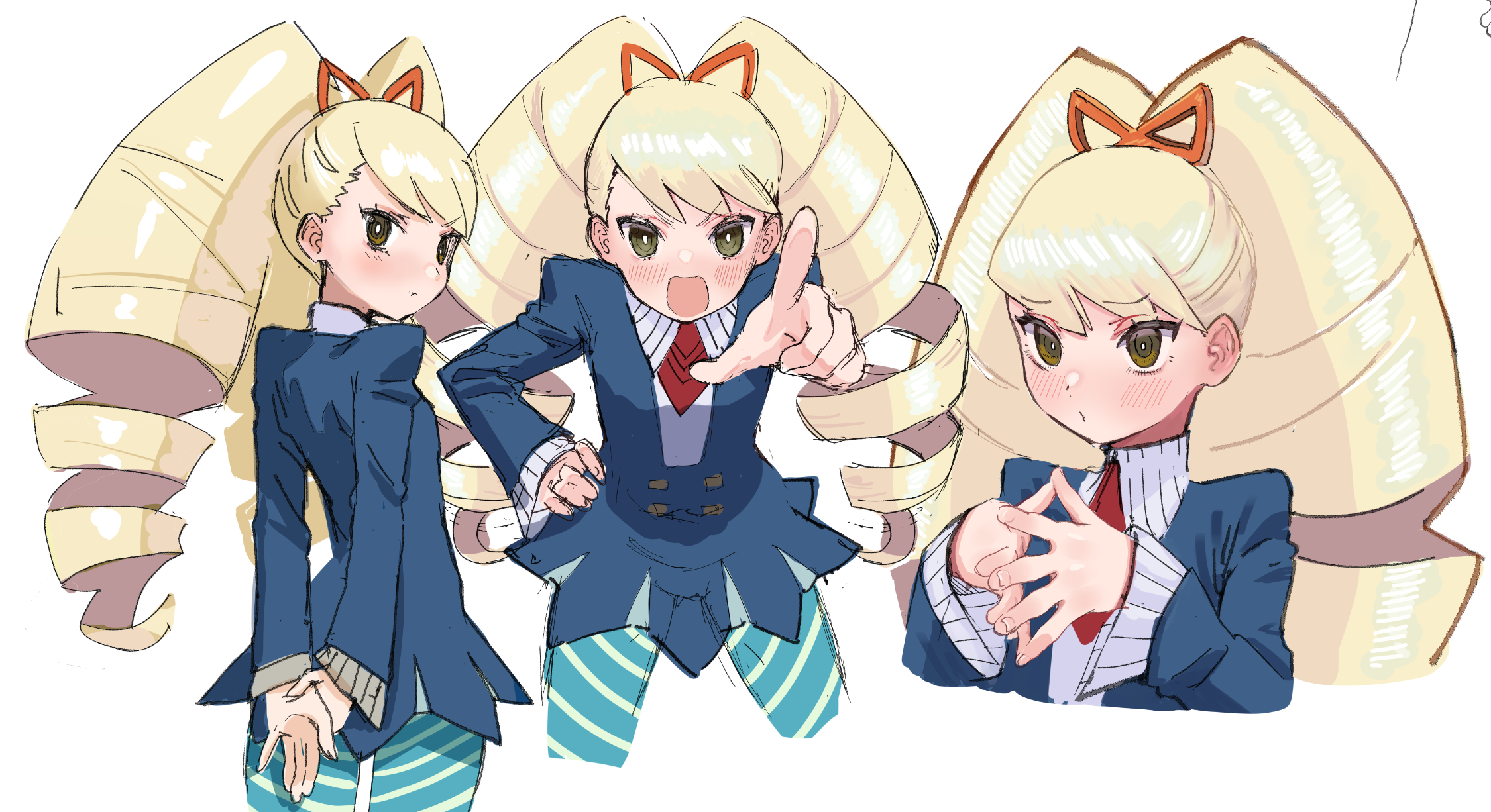 awesomeerix, luna platz (mega man), mega man (series), mega man star force (series), highres, 1girl, blonde hair, blue jacket, blush, breasts, drill hair, green eyes, green pantyhose, jacket, long hair, long sleeves, looking at viewer, looking back, multiple views, necktie, open mouth, pantyhose, pointing, pointing at viewer, shirt, skirt, small breasts, tsundere, twin drills, twintails, white shirt