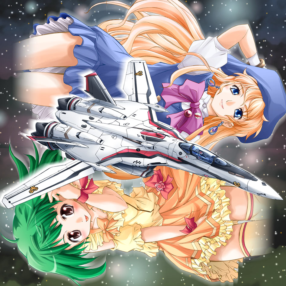 muranako, ranka lee, sheryl nome, vf-25, macross, macross frontier, 00s, blonde hair, green hair, hat, long hair, mecha, ribbon, robot, short hair