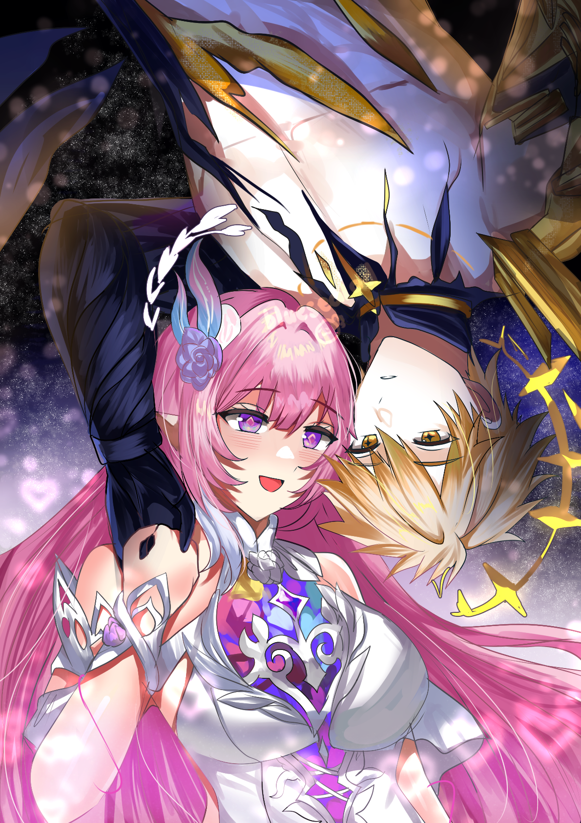 blue sealad, cyrene (honkai: star rail), cyrene (ripples of past reverie) (honkai: star rail), phainon (honkai: star rail), phainon (khaslana) (honkai: star rail), honkai: star rail, honkai (series), commentary, english commentary, highres, 1boy, 1girl, blonde hair, breasts, couple, cracked skin, diamond-shaped pupils, diamond (shape), dress, flower, gold blood, hair flower, hair intakes, hair ornament, halo, hetero, holding hands, large breasts, long hair, looking back, open mouth, pink hair, pointy ears, purple eyes, short hair, smile, symbol-shaped pupils, very long hair, white dress, yellow eyes