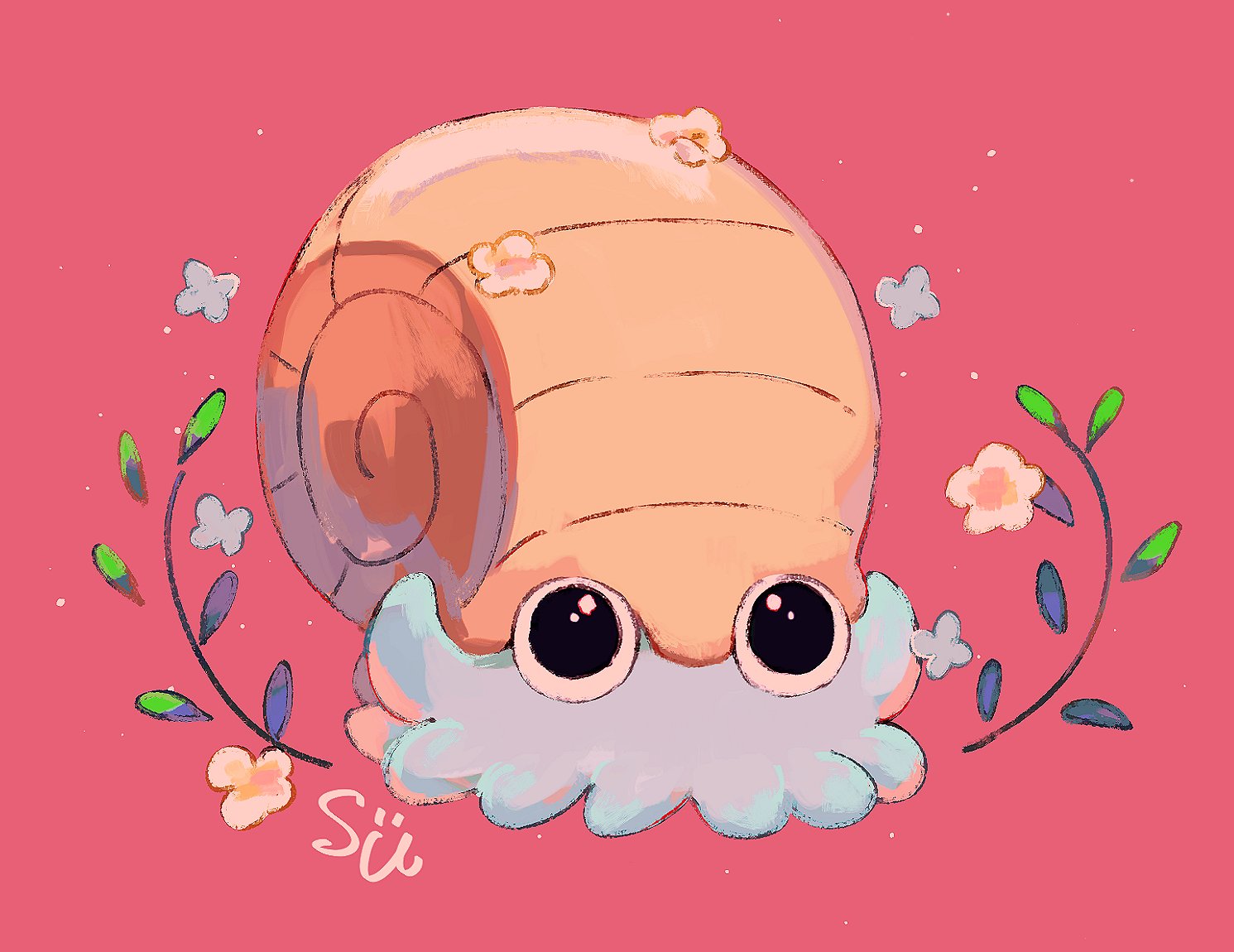 su (sajo su5), omanyte, nintendo, pokemon, animal focus, black eyes, flower, full body, gen 1 pokemon, leaf, no humans, pink background, pokemon (creature), pokemon focus, simple background, solo