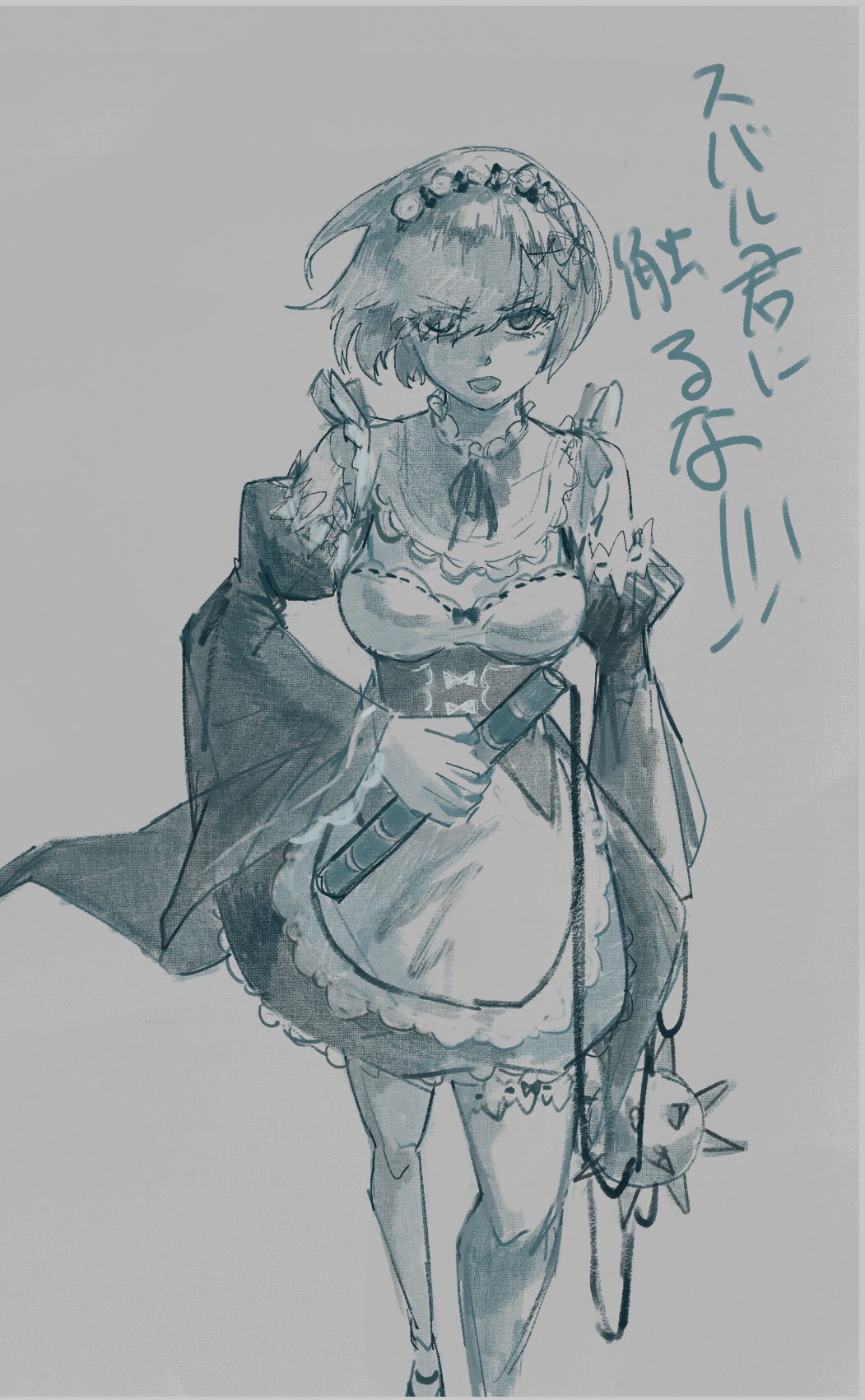 rem (re:zero), re:zero kara hajimeru isekai seikatsu, highres, translation request, 1girl, angry, arm at side, ball and chain (weapon), breasts, detached sleeves, dress, feet out of frame, floating hair, hair ornament, hair over one eye, hair ribbon, holding, holding weapon, m san0722, maid, maid headdress, medium breasts, monochrome, open mouth, ribbon, ribbon-trimmed clothes, ribbon trim, roswaal mansion maid uniform, short hair, solo, spiked ball and chain, thighhighs, walking towards viewer, weapon, x hair ornament