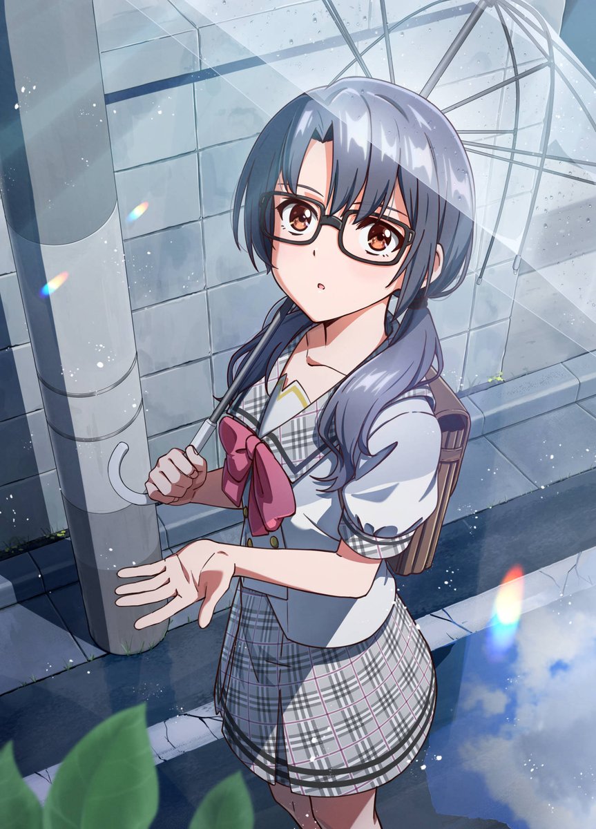 paatasu, takayama sayoko, idolmaster, idolmaster million live!, idolmaster million live! theater days, highres, 1girl, backpack, bag, black hair, blurry, blurry foreground, bow, bowtie, breasts, brown bag, brown eyes, collarbone, from above, glasses, grey sailor collar, grey shirt, grey skirt, hair tie, holding, holding umbrella, leaf, long hair, looking at viewer, looking up, low twintails, medium breasts, open hand, outdoors, parted lips, pink bow, pink bowtie, plaid clothes, plaid sailor collar, plaid skirt, puddle, rainbow gradient, rectangular eyewear, red eyes, reflection, reflective water, road, sailor collar, school uniform, shadow, shirt, short sleeves, skirt, solo, standing, stone wall, sunlight, transparent, transparent umbrella, twintails, umbrella, utility pole
