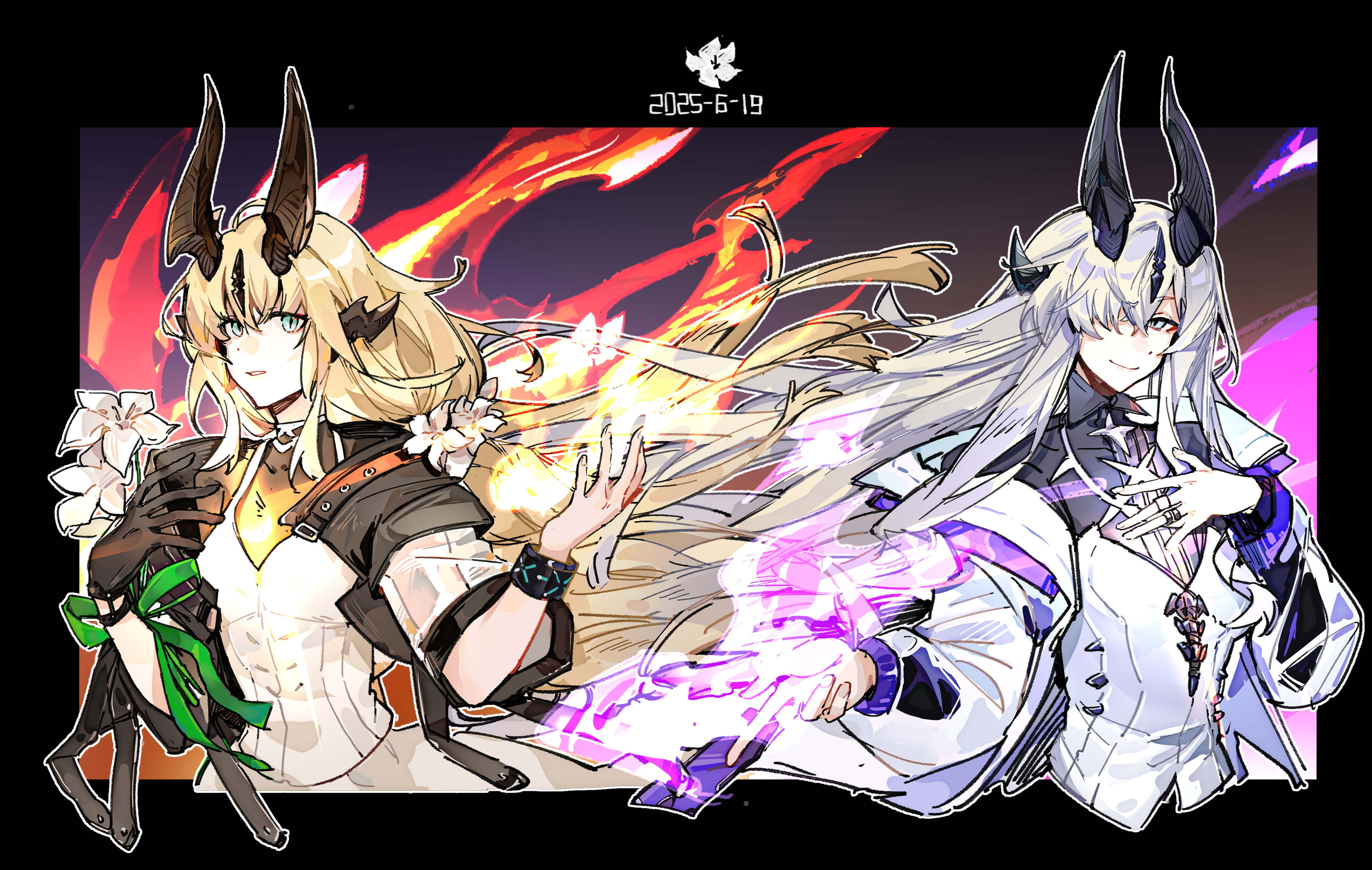 yugoodoggie, infection monitor (arknights), necrass (arknights), reed (arknights), reed the flame shadow (arknights), arknights, absurdres, commentary, english commentary, highres, 2girls, black border, black gloves, black horns, blonde hair, blue eyes, border, brown horns, closed mouth, dated, fingernails, fire, flower, gloves, green eyes, green ribbon, hair between eyes, hair flower, hair ornament, hair over one eye, hand on own chest, horns, jewelry, long hair, looking at viewer, magic, multiple girls, multiple rings, one eye covered, outside border, parted lips, purple fire, pyrokinesis, ribbon, ring, siblings, single glove, sisters, smile, strap, white flower, white hair