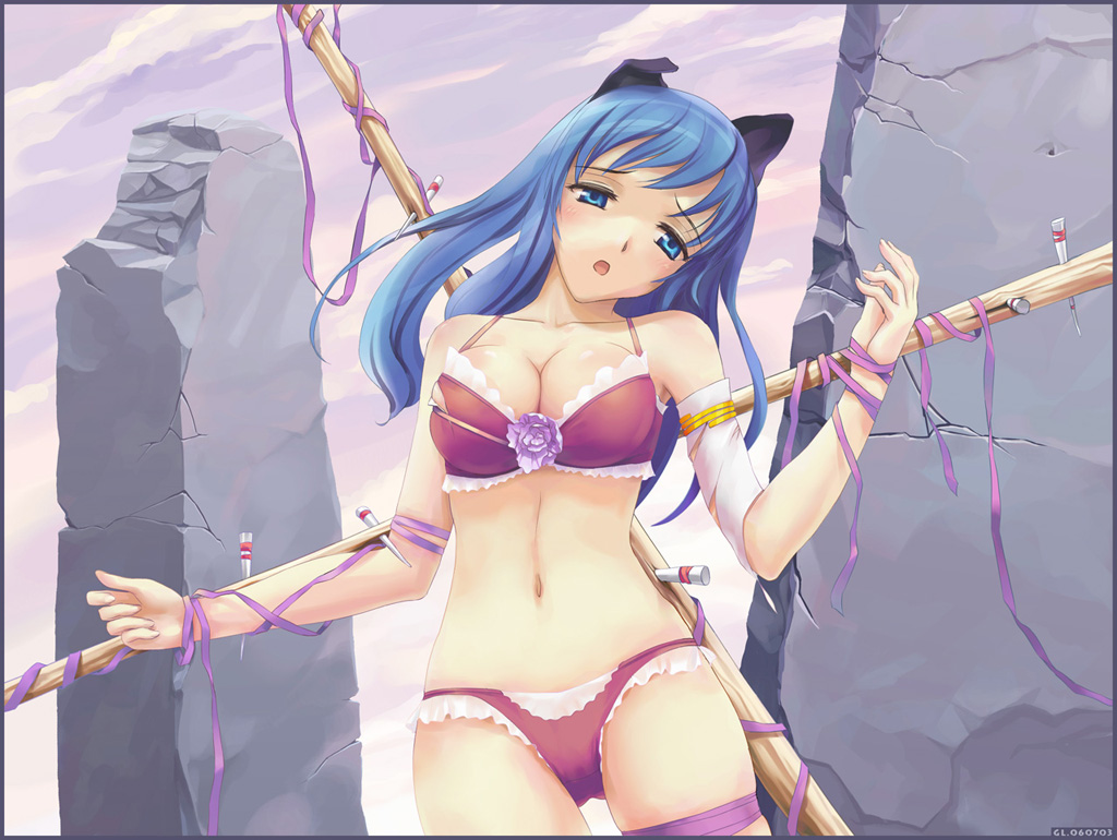 yu li, yuli (pixiv85003), 1girl, animal ears, blue eyes, blue hair, blush, breasts, cleavage, female focus, large breasts, lingerie, long hair, matching hair/eyes, midriff, navel, open mouth, solo, underwear