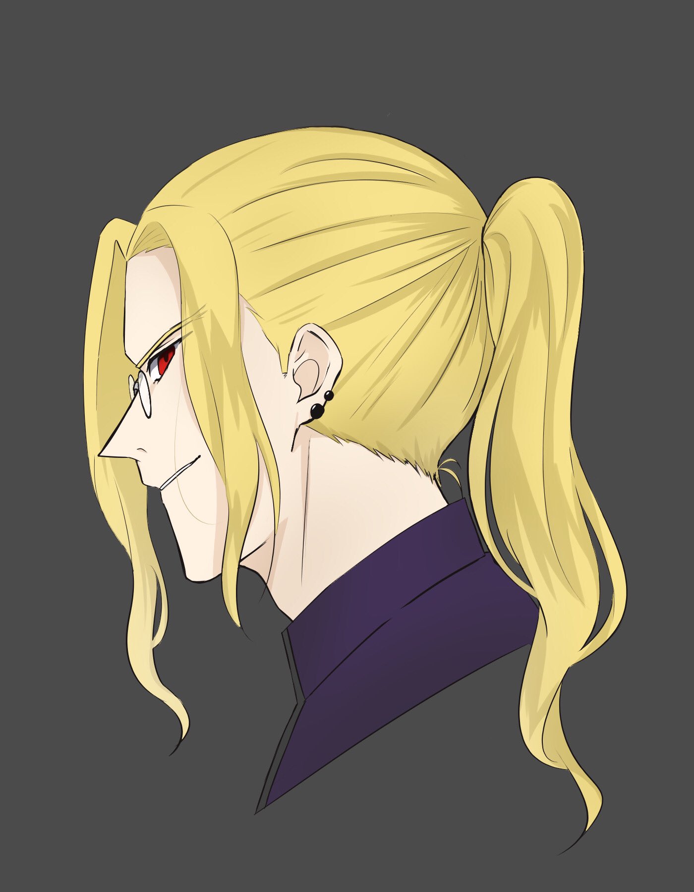 yanagimoti 18, michael roa valdamjong, michael roa valdamjong (human), tsukihime, highres, 1boy, earrings, from side, glasses, jewelry, long hair, looking at viewer, male focus, ponytail, priest, profile, red eyes, simple background, smile, wavy hair