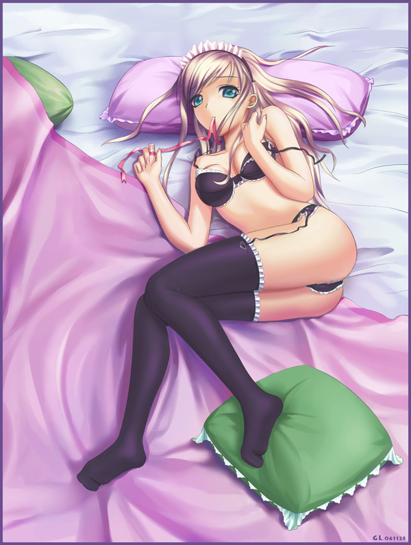 yu li, yuli (pixiv85003), original, 1girl, ass, bed, blonde hair, blue eyes, female focus, frilled pillow, frills, garter belt, hairband, legs, lingerie, pillow, solo, thighhighs, underwear