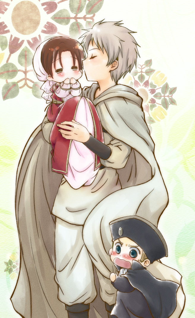 akari seisuke, holy roman empire (hetalia), northern italy (hetalia), prussia (hetalia), axis powers hetalia, 3boys, = =, age difference, aged down, ascot, black boots, black cloak, black sleeve cuffs, blonde hair, blue eyes, blush, boots, brown hair, carrying, chibi, child carry, cloak, closed eyes, clothes grab, covering own mouth, crossdressing, crossdressing (mtf), curtained hair, dress, feet out of frame, floral background, furrowed brow, gold trim, hands up, hat, headscarf, hood, hooded cloak, kiss, kissing cheek, knee boots, long dress, long sleeves, male focus, multiple boys, onii-shota, open mouth, outer glow, pants, pants tucked in, parted hair, popped collar, raised eyebrows, red dress, shirt, short hair, shy, sideburns, sleeve cuffs, standing, v-shaped eyebrows, wavy mouth, white background, white cloak, white hair, white pants, white shirt, wide-eyed, wispy bangs, yaoi