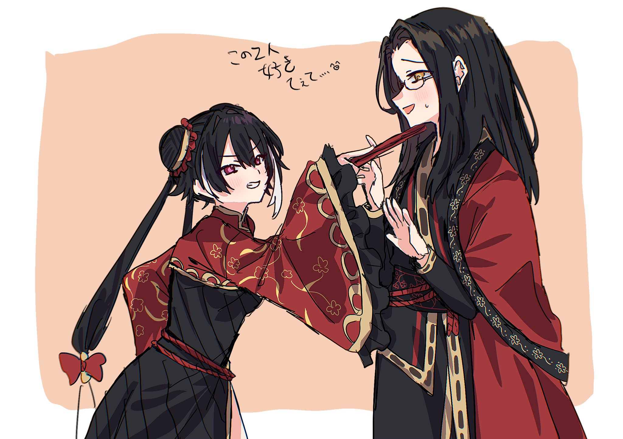 xxed h, jia xichun (project moon), limbus company, project moon, highres, 1boy, 1girl, black dress, black hair, black shirt, border, chinese clothes, coat, coat on shoulders, double bun, dress, glasses, hair bun, hand fan, long hair, long sleeves, looking at another, multicolored hair, orange background, pink eyes, red coat, red shrug, rope belt, shirt, simple background, standing, streaked hair, sweatdrop, twintails, upper body, wei (project moon), white border, white streaks, yellow eyes