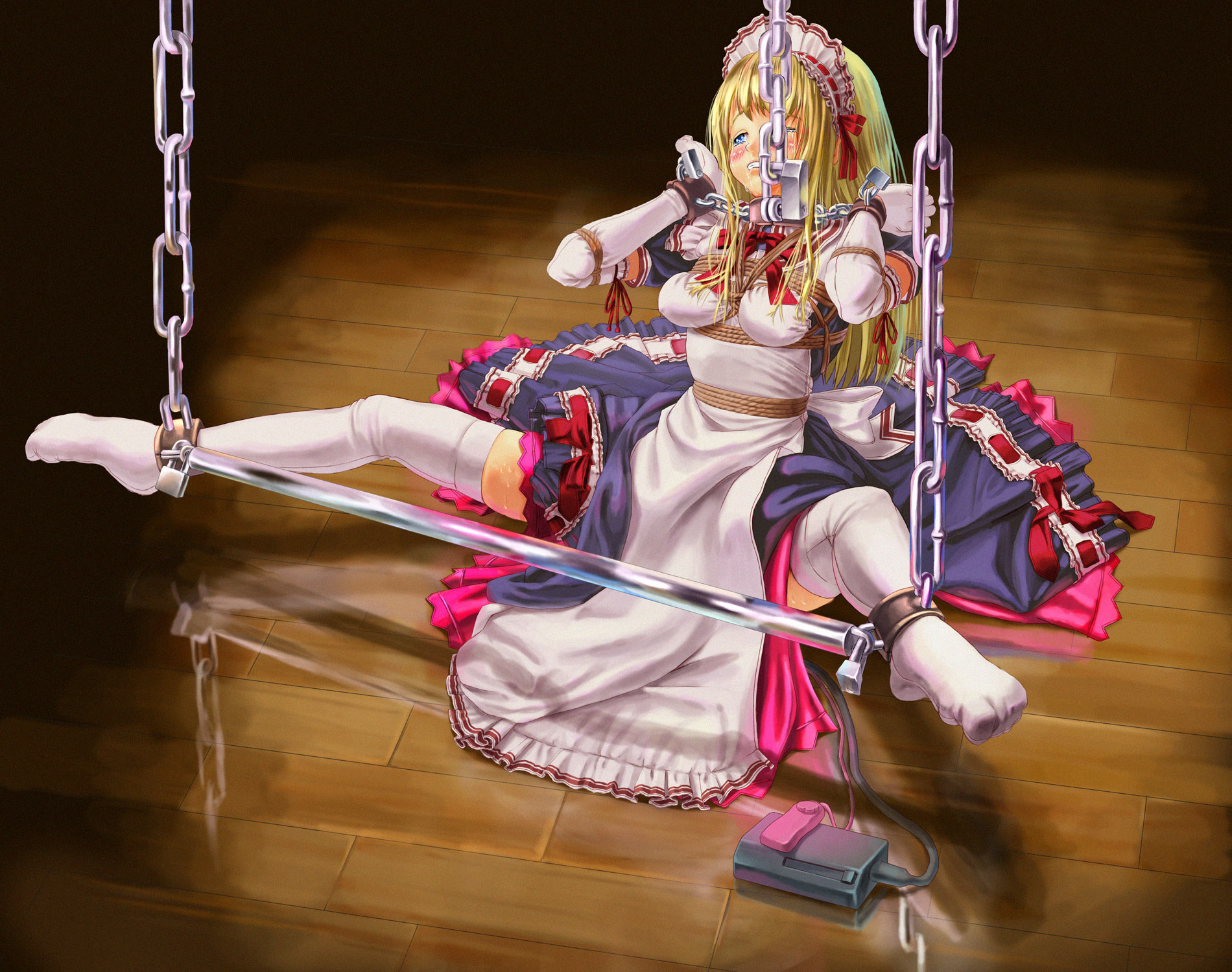 itou tatsuya, original, highres, 1girl, bdsm, blonde hair, blue eyes, blush, bondage, bound, breasts, breasts squeezed together, chain, collar, cuffs-to-collar, elbow gloves, feet, female focus, gloves, legs, long hair, maid, rope, sex toy, slave, solo, spreader bar, tears, thighhighs, vibrator, white thighhighs
