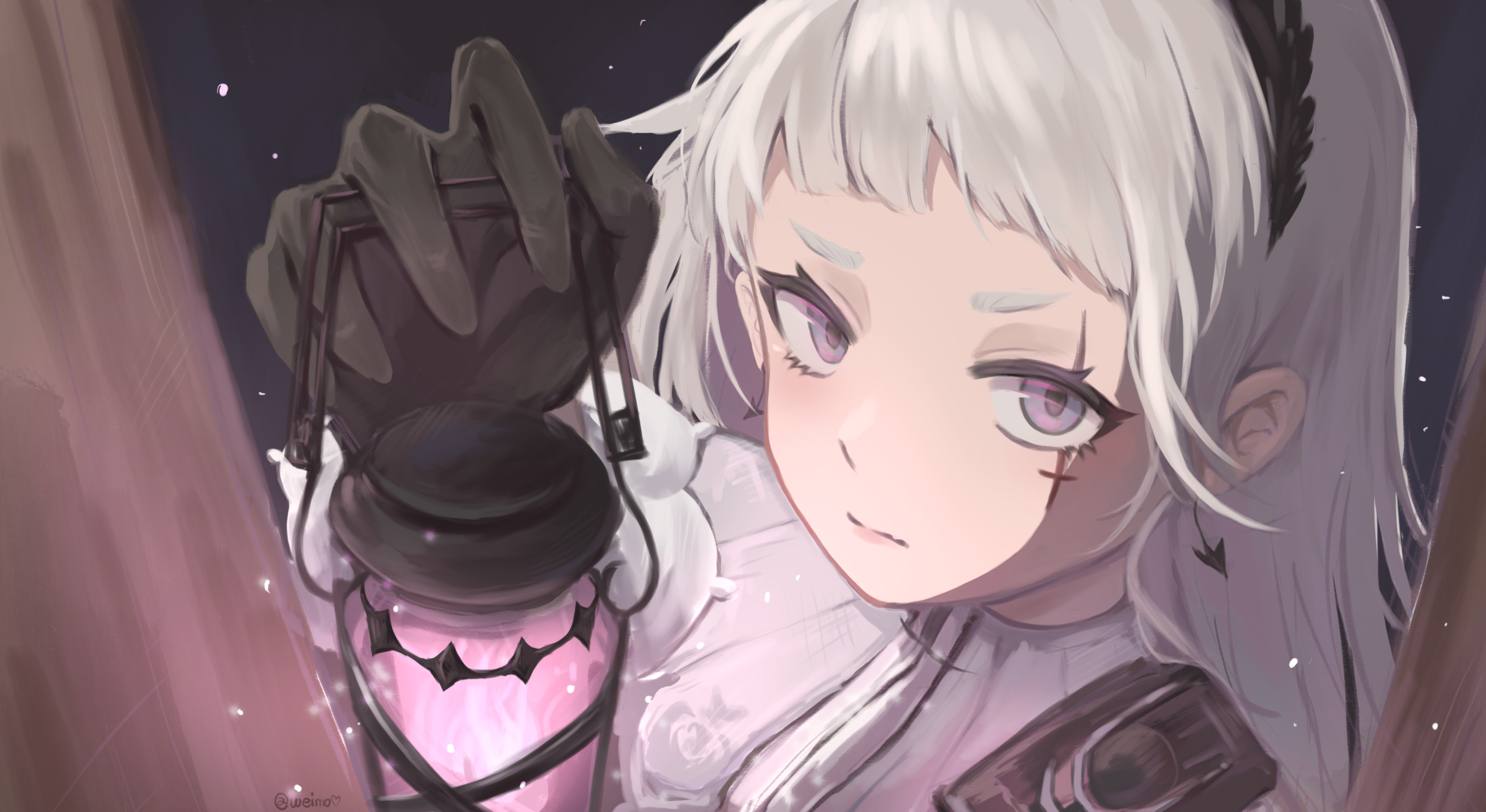 irene (arknights), arknights, absurdres, chinese commentary, commentary request, highres, 1girl, arm up, black gloves, close-up, closed mouth, earrings, gloves, grey hair, holding, holding lantern, jewelry, lantern, light particles, long hair, looking at viewer, purple eyes, scar, scar across eye, scar on face, shirt, solo, weimozi, white shirt