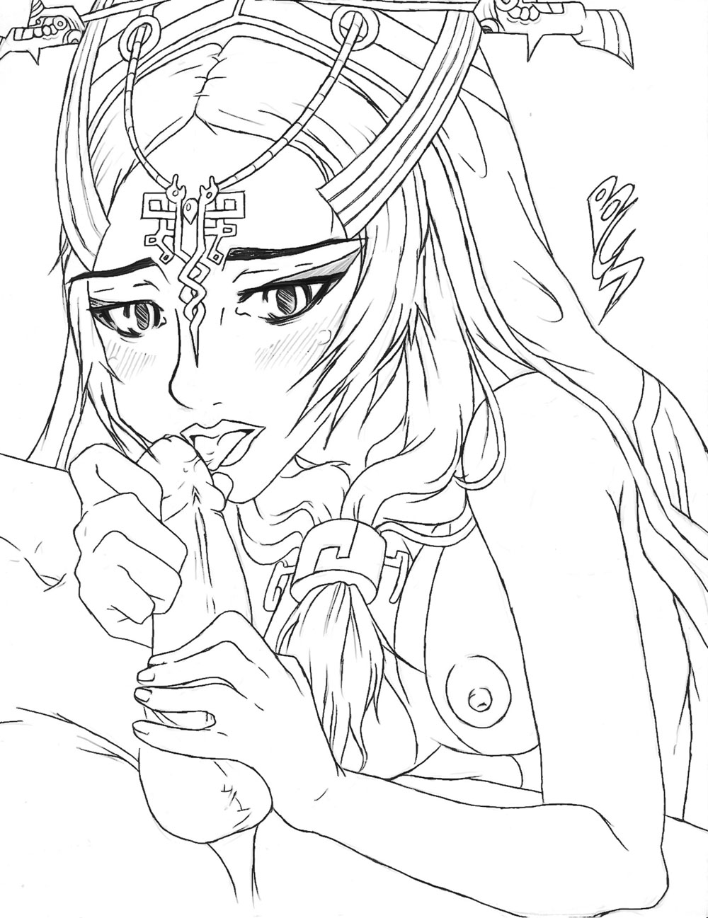 buttercupsaiyan, midna, midna (true), nintendo, the legend of zelda, the legend of zelda: twilight princess, highres, self-upload, spoilers, 1girl, fellatio, greyscale, monochrome, oral, penis, solo focus, uncensored