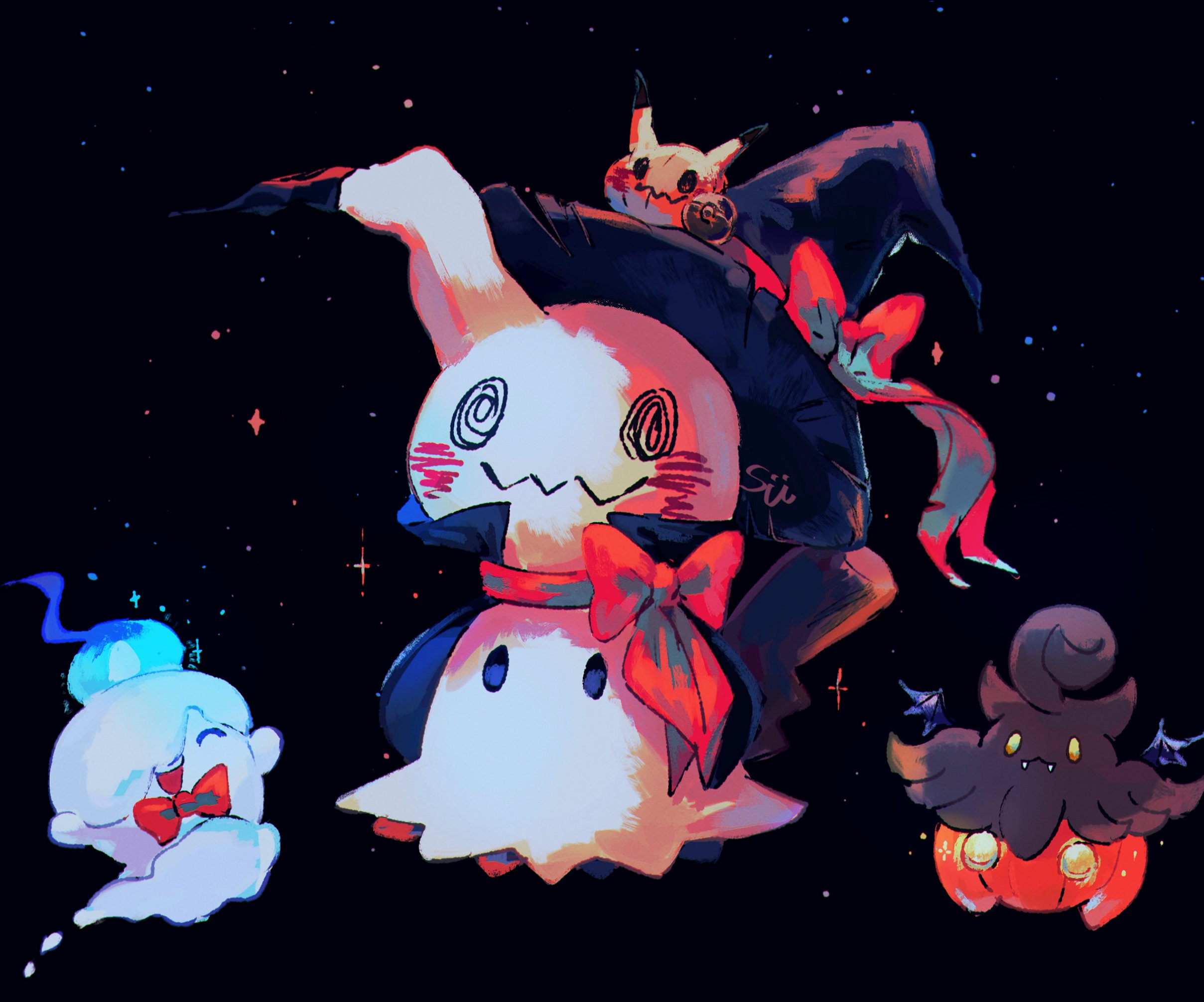 su (sajo su5), litwick, mimikyu, pumpkaboo, nintendo, pokemon, highres, black background, cape, closed mouth, gen 5 pokemon, gen 6 pokemon, gen 7 pokemon, halloween, hat, no humans, open mouth, pokemon (creature), pokemon focus, ribbon, smile, witch hat