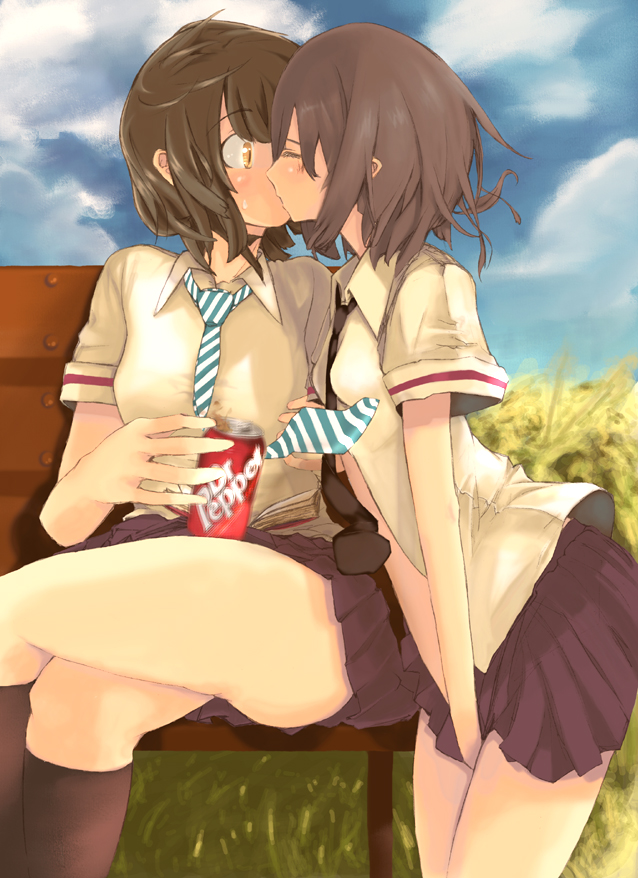comrade stalin, dr pepper, bad id, bad pixiv id, 2girls, bench, blush, brown hair, can, crossed legs, drink can, kiss, legs, multiple girls, necktie, product placement, school uniform, serafuku, short hair, sitting, skirt, soda can, surprised, yuri