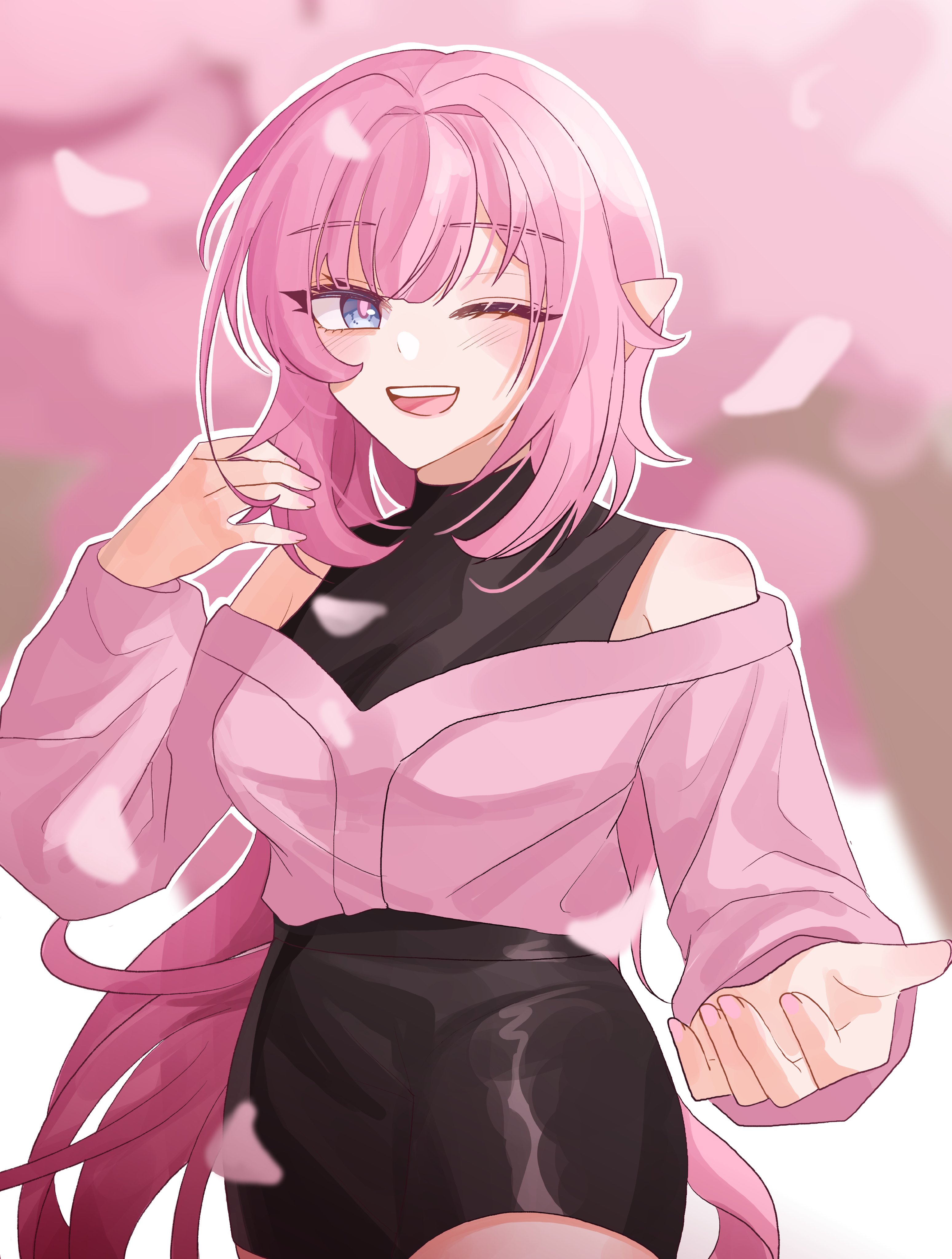 elysia (honkai impact), honkai (series), honkai impact 3rd, absurdres, commentary request, highres, korean commentary, 1girl, ;o, alternate costume, black dress, blue eyes, breasts, dress, elf, falling petals, large breasts, long hair, looking at viewer, one eye closed, open mouth, petals, pink background, pink hair, pink sweater, pointy ears, s9897907160915, smile, solo, sweater, teeth, turtleneck, turtleneck dress, upper teeth only, very long hair