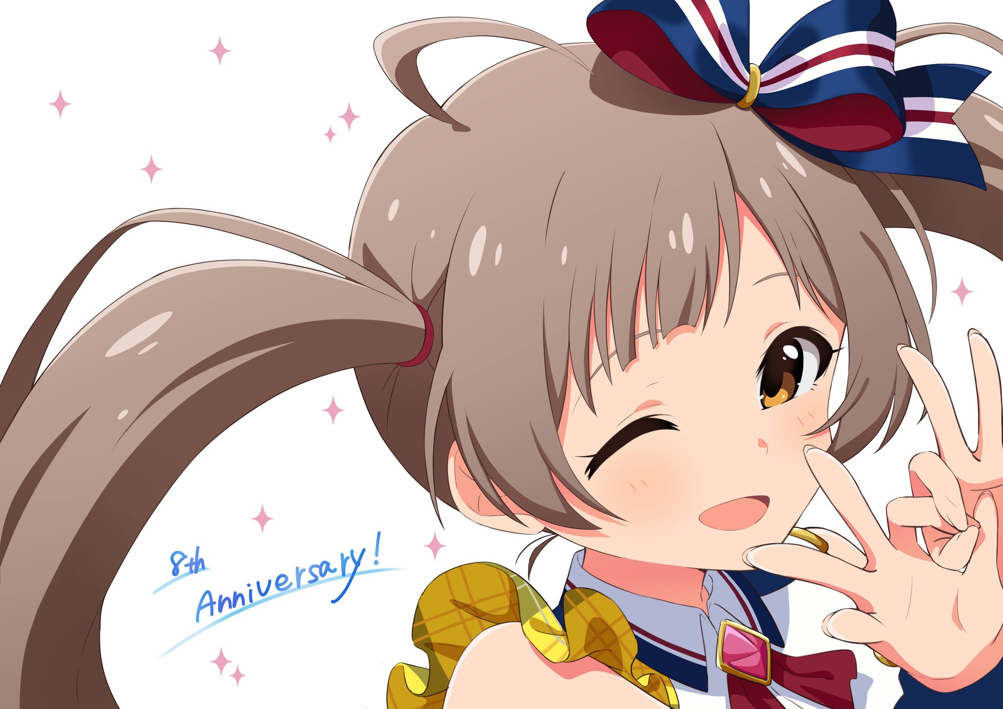 goma konbu, hakozaki serika, idolmaster, idolmaster million live!, idolmaster million live! theater days, highres, 1girl, ahoge, anniversary, bare shoulders, blue bow, blush, bow, brooch, brown eyes, brown hair, create festival (idolmaster), gem, hair bow, hair tie, jewelry, long hair, looking at viewer, one eye closed, open mouth, pink gemstone, portrait, shirt, sleeveless, sleeveless shirt, smile, solo, sparkle background, twintails, white background, white shirt