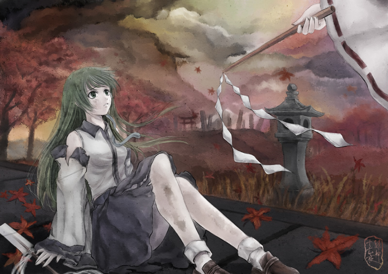 kannagara kanagi, hakurei reimu, kochiya sanae, touhou, brown footwear, white legwear, bad id, bad pixiv id, 2girls, autumn, autumn leaves, bare shoulders, blue skirt, cloud, detached sleeves, female focus, gohei, green eyes, green hair, japanese clothes, leaf, long hair, miko, multiple girls, red ribbon, ribbon, ribbon-trimmed sleeves, ribbon trim, shirt, shoes, sitting, skirt, socks, solo focus, temple, torii, torn clothes, tree, white shirt, white sleeves