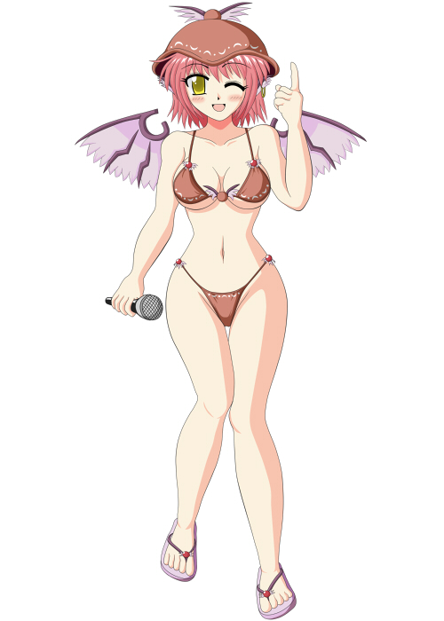 yani tama, mystia lorelei, touhou, 1girl, aged up, bikini, breasts, female focus, full body, hat, microphone, pink hair, short hair, simple background, solo, swimsuit, white background, wings