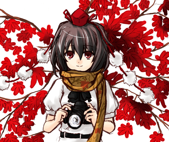 atsumi haru, shameimaru aya, touhou, 1girl, black hair, camera, female focus, hat, leaf, plant, short hair, solo, upper body, white background