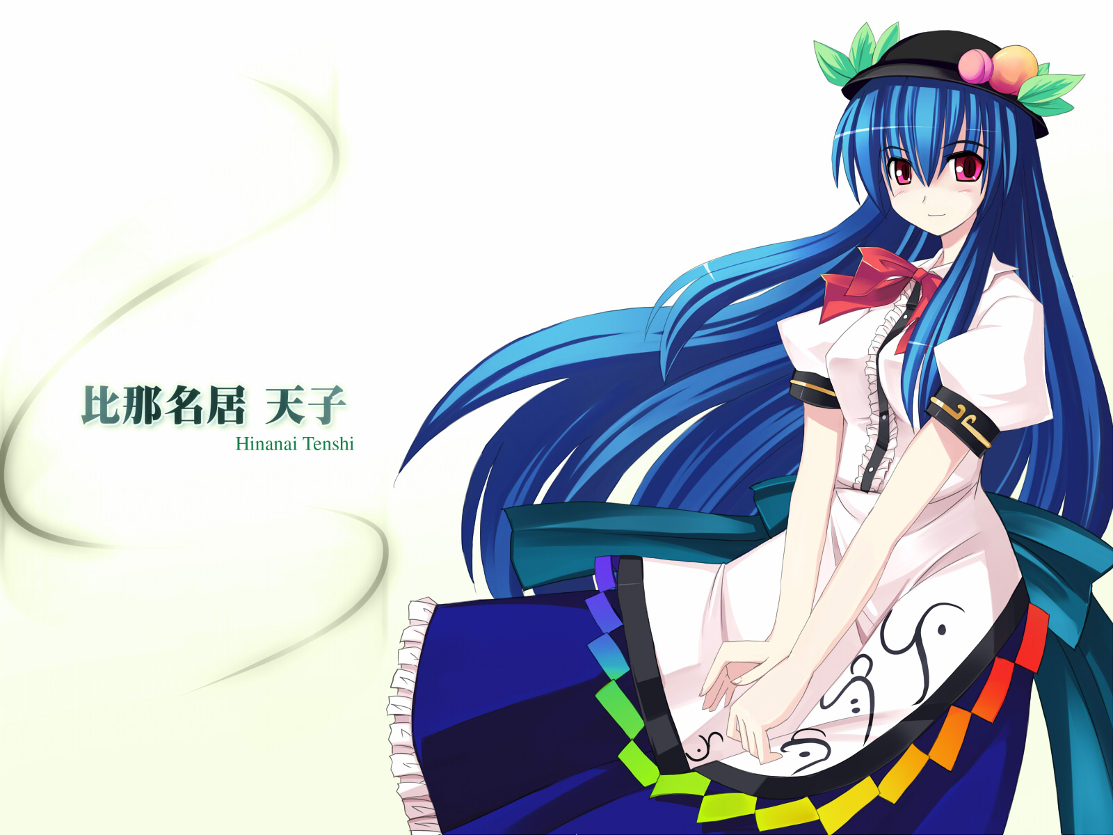 seo tatsuya, hinanawi tenshi, touhou, highres, 1girl, blue hair, female focus, food, fruit, gradient background, hat, long hair, peach, ribbon, solo, standing, white background