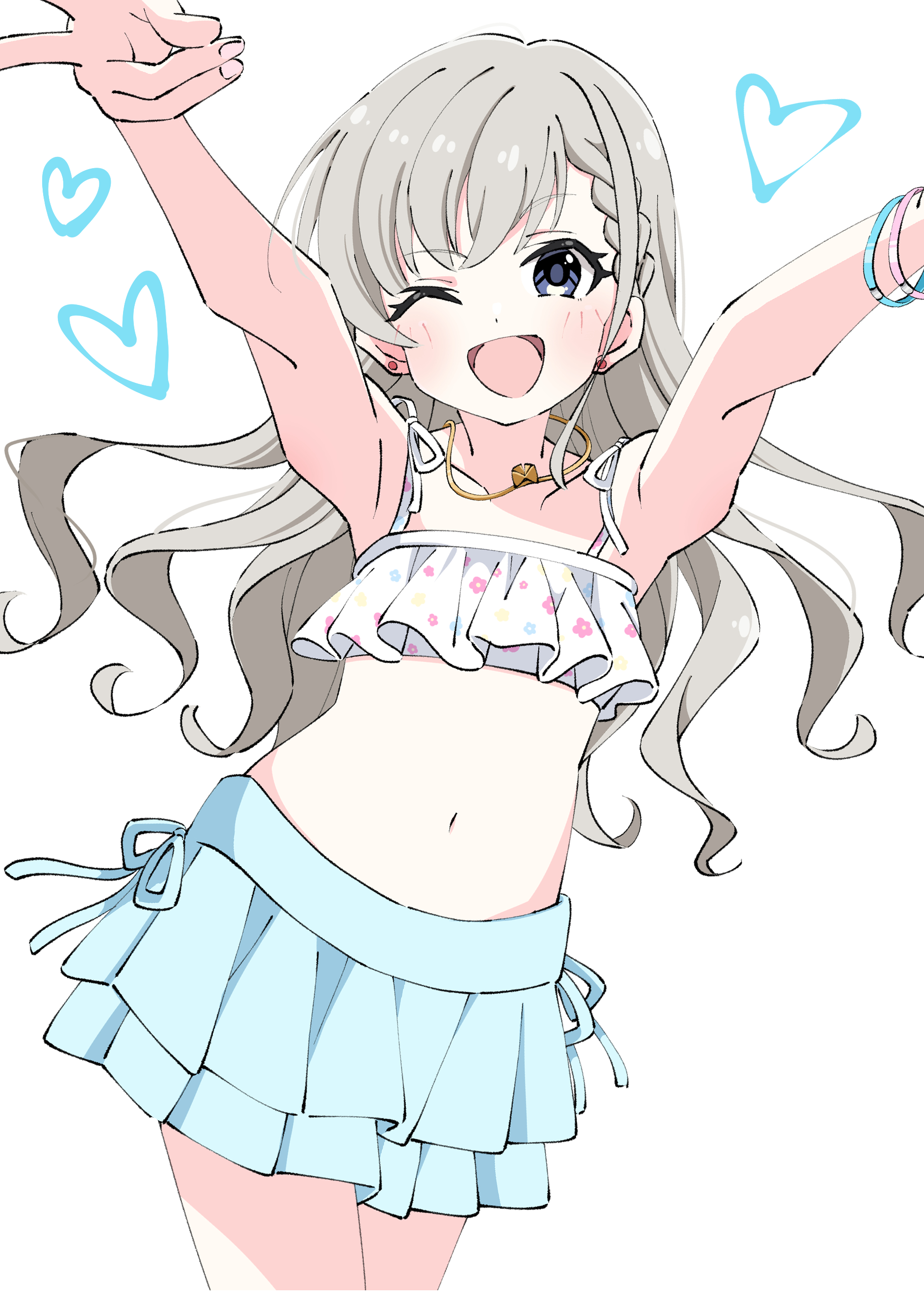 mako640, hisakawa hayate, idolmaster, idolmaster cinderella girls, idolmaster cinderella girls starlight stage, absurdres, highres, 1girl, armpits, bikini, blue bow, blue eyes, blue skirt, blush, bow, bow skirt, braid, braided bangs, cowboy shot, dot nose, earrings, floating hair, floral print, floral print bikini, frilled bikini, frilled skirt, frills, grey hair, heart, jewelry, layered skirt, long hair, looking at viewer, midriff, navel, necklace, one eye closed, open mouth, print bikini, reaching, simple background, skirt, smile, solo, standing, swimsuit, v, very long hair, white background, white bikini