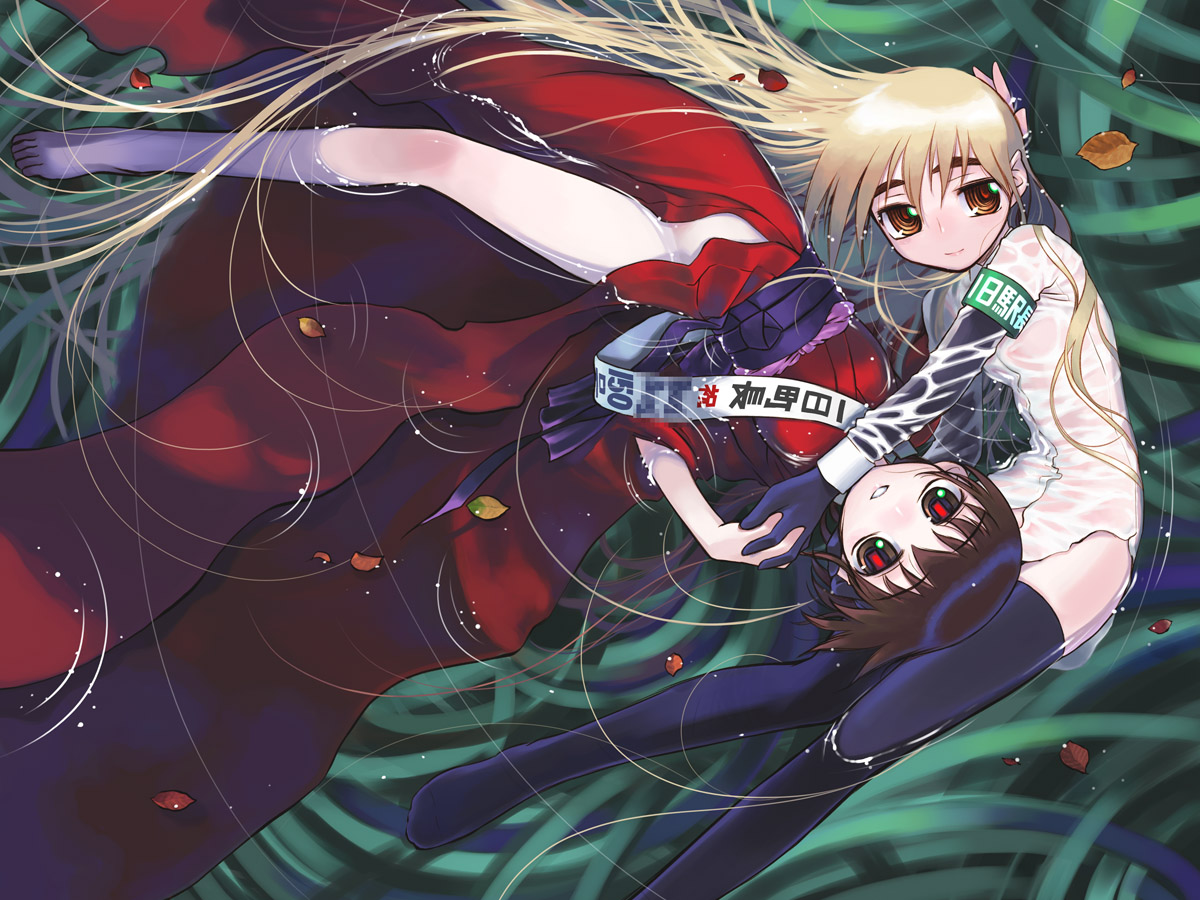 nakamura tetsuya, kurame, kusari hime: euthanasia, bad id, bad pixiv id, barefoot, blonde hair, brown eyes, brown hair, holding hands, japanese clothes, kimono, long hair, lying, no panties, short hair, smile, thighhighs, water, wet, wet clothes