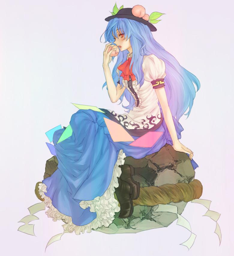 egawa satsuki, hinanawi tenshi, touhou, 1girl, blue hair, female focus, food, fruit, kaname-ishi, peach, profile, red eyes, rope, shimenawa, sitting, solo