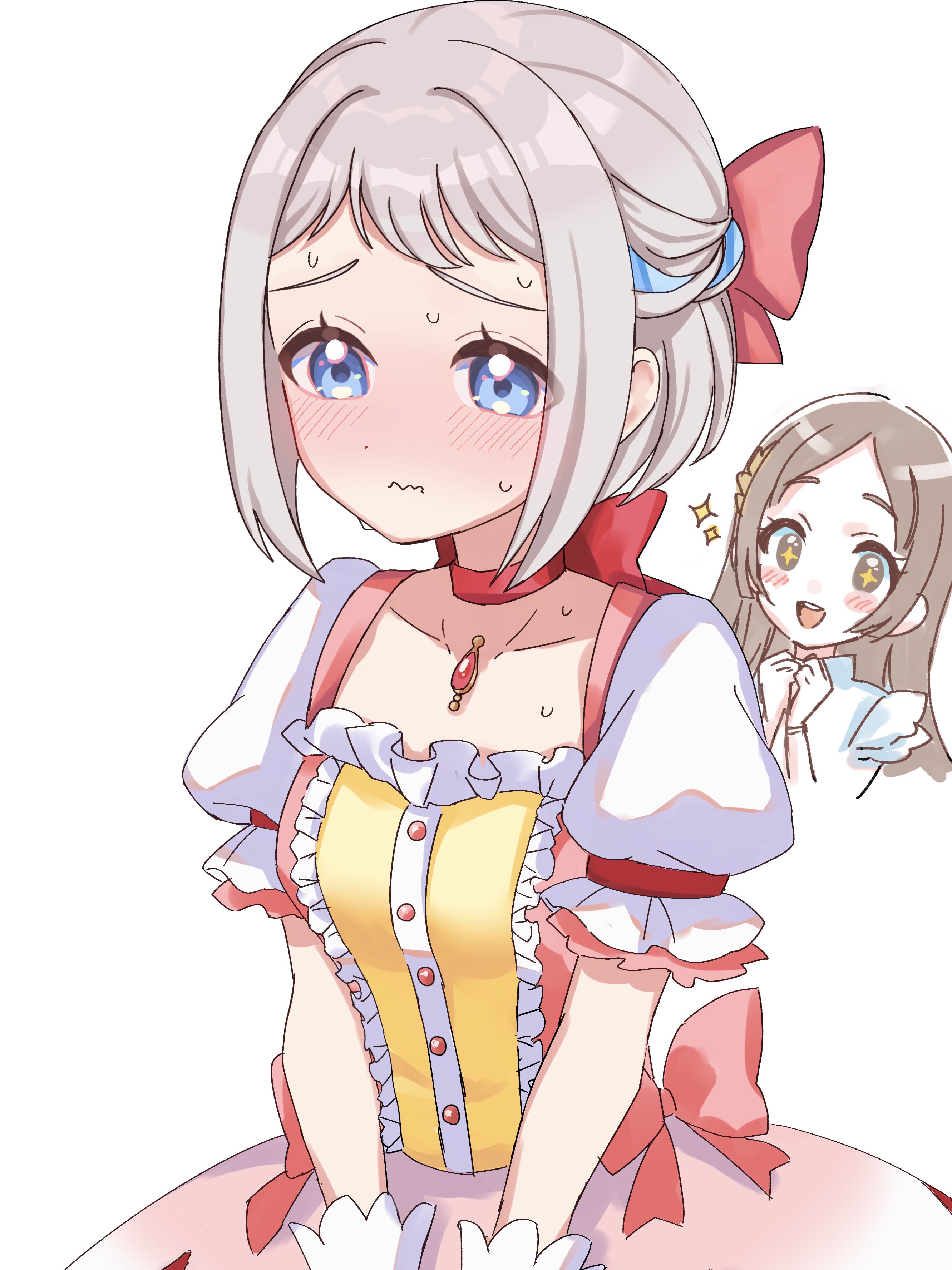 kanipoposu, kaname madoka, katsuragi lilja, kuramoto china, gakuen idolmaster, idolmaster, mahou shoujo madoka magica, absurdres, highres, 2girls, blue eyes, blue ribbon, blush, bow, braid, brown eyes, brown hair, choker, closed mouth, collarbone, cosplay, dress, frilled dress, frills, furrowed brow, gloves, grey hair, hair bow, hair ornament, hair ribbon, half up braid, kaname madoka (cosplay), long hair, looking ahead, magical girl, multiple girls, open mouth, pink dress, puffy short sleeves, puffy sleeves, red bow, red choker, ribbon, ribbon braid, shirt, short hair, short sleeves, shy, simple background, smile, sparkle, star (symbol), star in eye, sweat, symbol in eye, teeth, upper teeth only, wavy mouth, white background, white gloves, white shirt