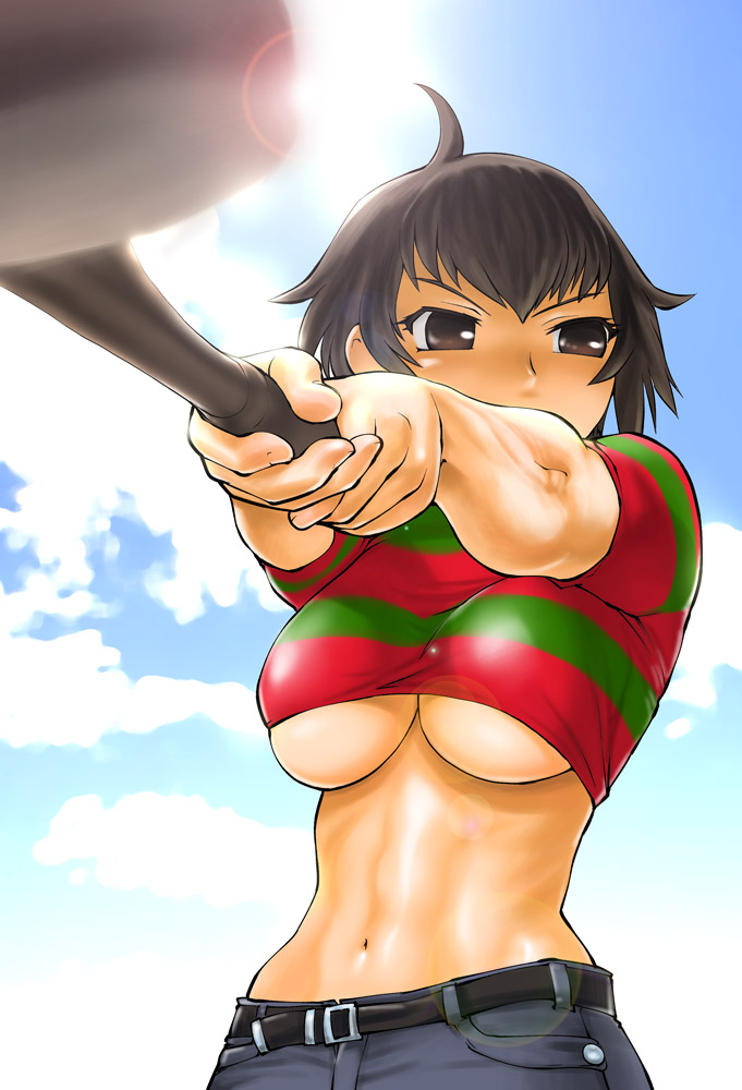 ueyama michirou, sarutani sarumaru, pro golfer saru, 1girl, abs, ahoge, belt, black hair, breasts, brown eyes, brown hair, crop top, day, denim, female focus, genderswap, genderswap (mtf), golf, golf club, jeans, large breasts, lens flare, midriff, muscular, navel, no bra, outdoors, pants, shirt, short hair, sky, solo, striped clothes, striped shirt, sun, underboob