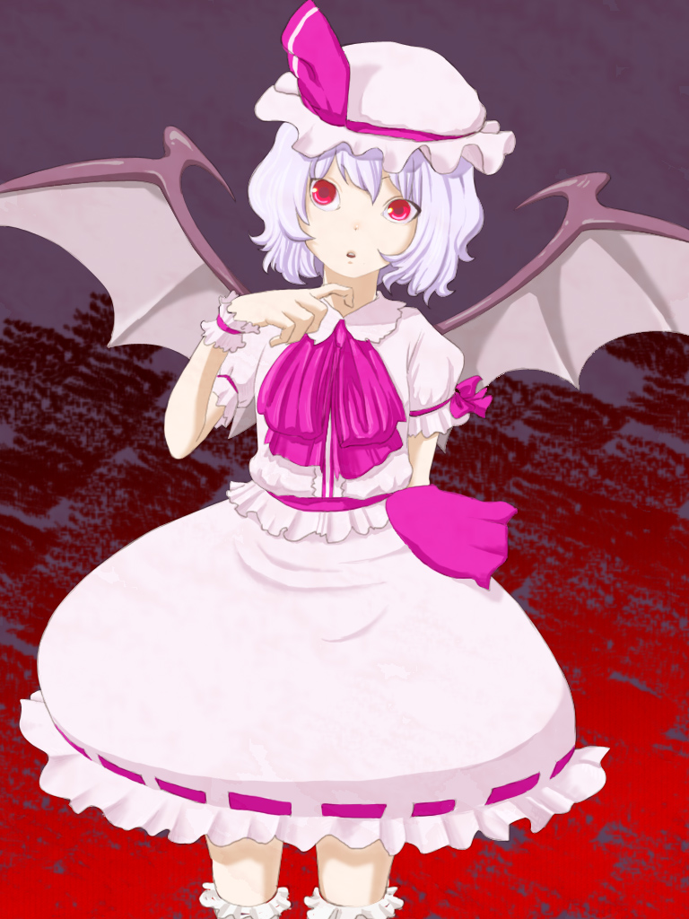 jiji (artist), remilia scarlet, touhou, bad id, bad pixiv id, 1girl, blue hair, female focus, gradient background, hat, ribbon, short hair, skirt, solo, wings