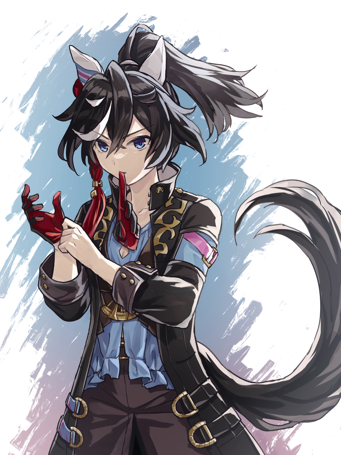 fugetsu (windmoon tw), katsuragi ace (umamusume), umamusume, highres, 1girl, adjusting clothes, adjusting gloves, animal ears, black coat, black hair, black shorts, black vest, blue eyes, blue shirt, breasts, cleavage, cleavage cutout, closed mouth, clothing cutout, coat, cowboy shot, crossed bangs, ear covers, gloves, hair between eyes, high collar, horse ears, horse girl, horse tail, long sleeves, looking at viewer, mouth hold, multicolored hair, open clothes, open coat, ponytail, shirt, short hair, shorts, small breasts, solo, streaked hair, tail, v-shaped eyebrows, vest