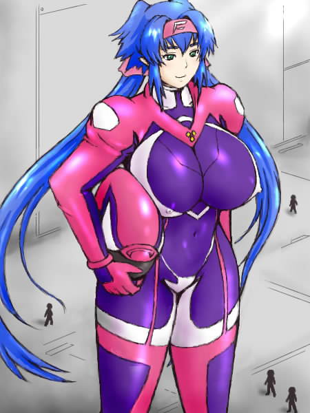 inomaru, klan klein, zentradi, macross, macross frontier, pilot suit, 00s, 1girl, blue hair, bodysuit, breasts, covered erect nipples, female focus, giant, giantess, green eyes, helmet, hip focus, huge breasts, large breasts, legs, long hair, long legs, skin tight, solo, thick thighs, thighs, twintails, very long hair, wide hips