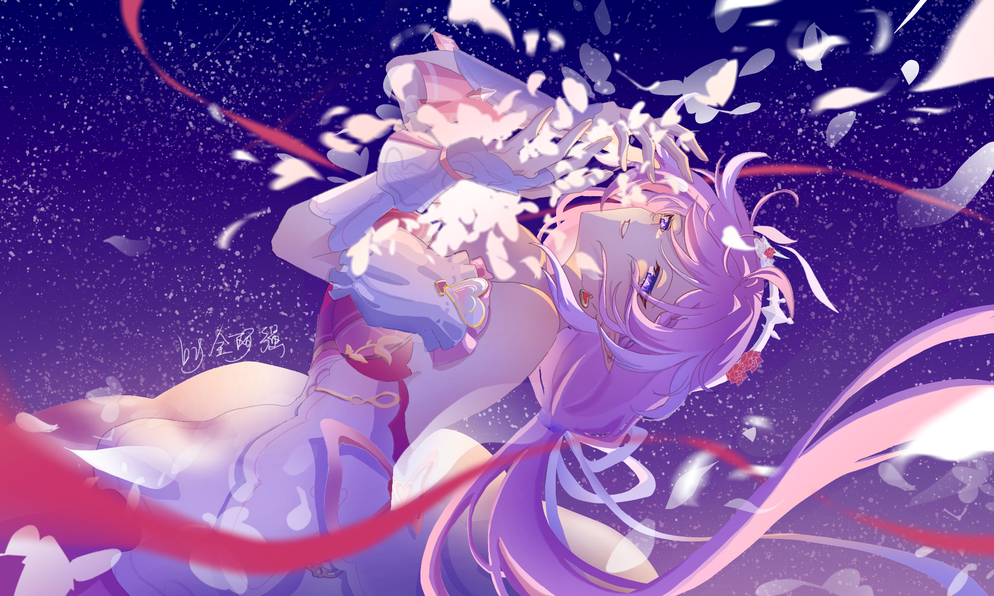 elysia (hi elf of love) (honkai impact), elysia (honkai impact), honkai (series), honkai impact 3rd, chinese commentary, commentary request, highres, 1girl, bare shoulders, breasts, diamond-shaped pupils, diamond (shape), dress, gloves, i tong can da weichang bu hu ma ye, large breasts, long hair, multicolored hair, night, night sky, outdoors, parted lips, pink hair, purple eyes, sky, solo, star (sky), starry sky, symbol-shaped pupils, two-tone hair, very long hair, white dress, white gloves, white hair