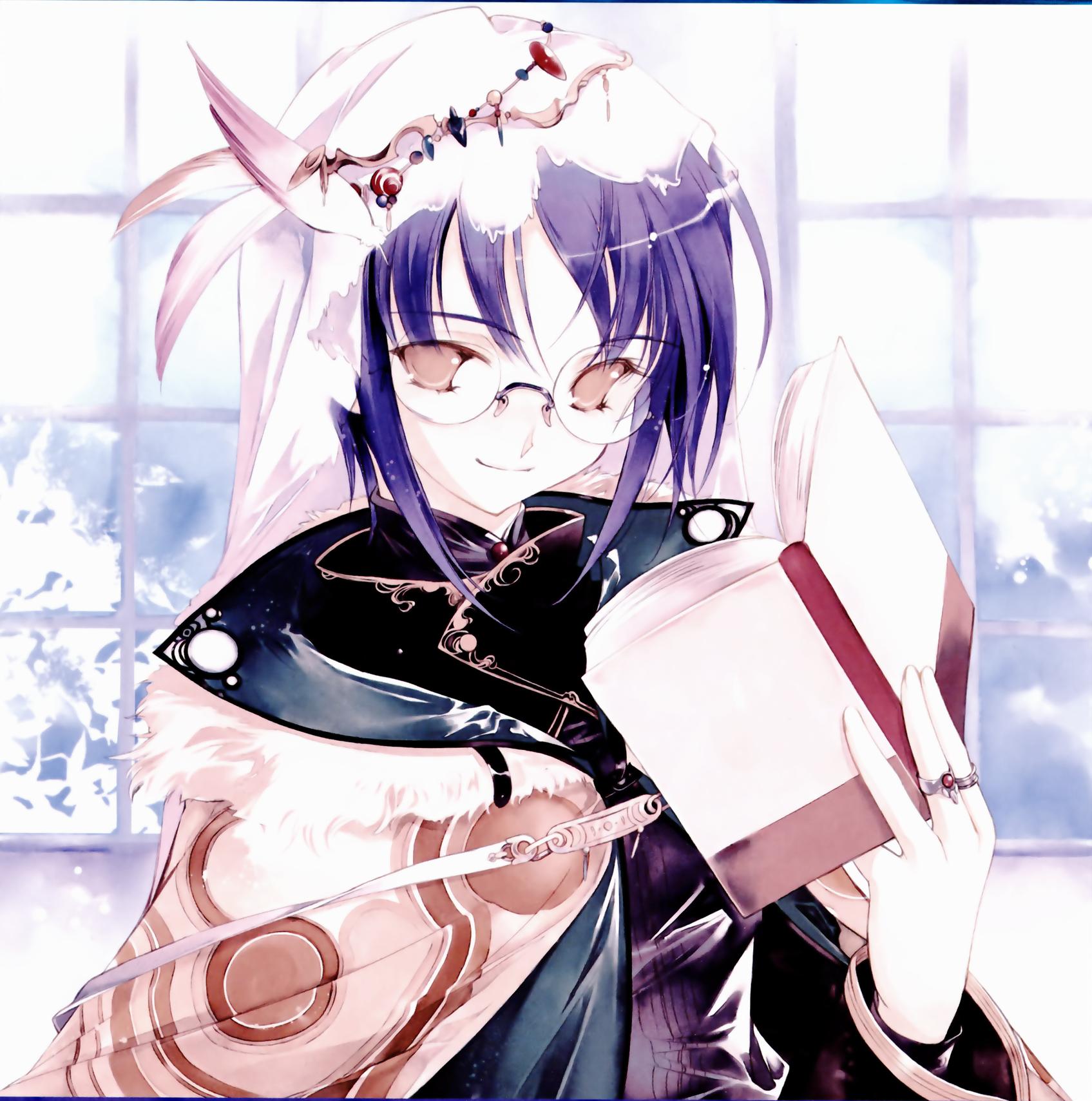sumi keiichi, aquarian age, highres, 00s, book, glasses, hat, jewelry, purple hair, ring, robe, short hair, smile, solo