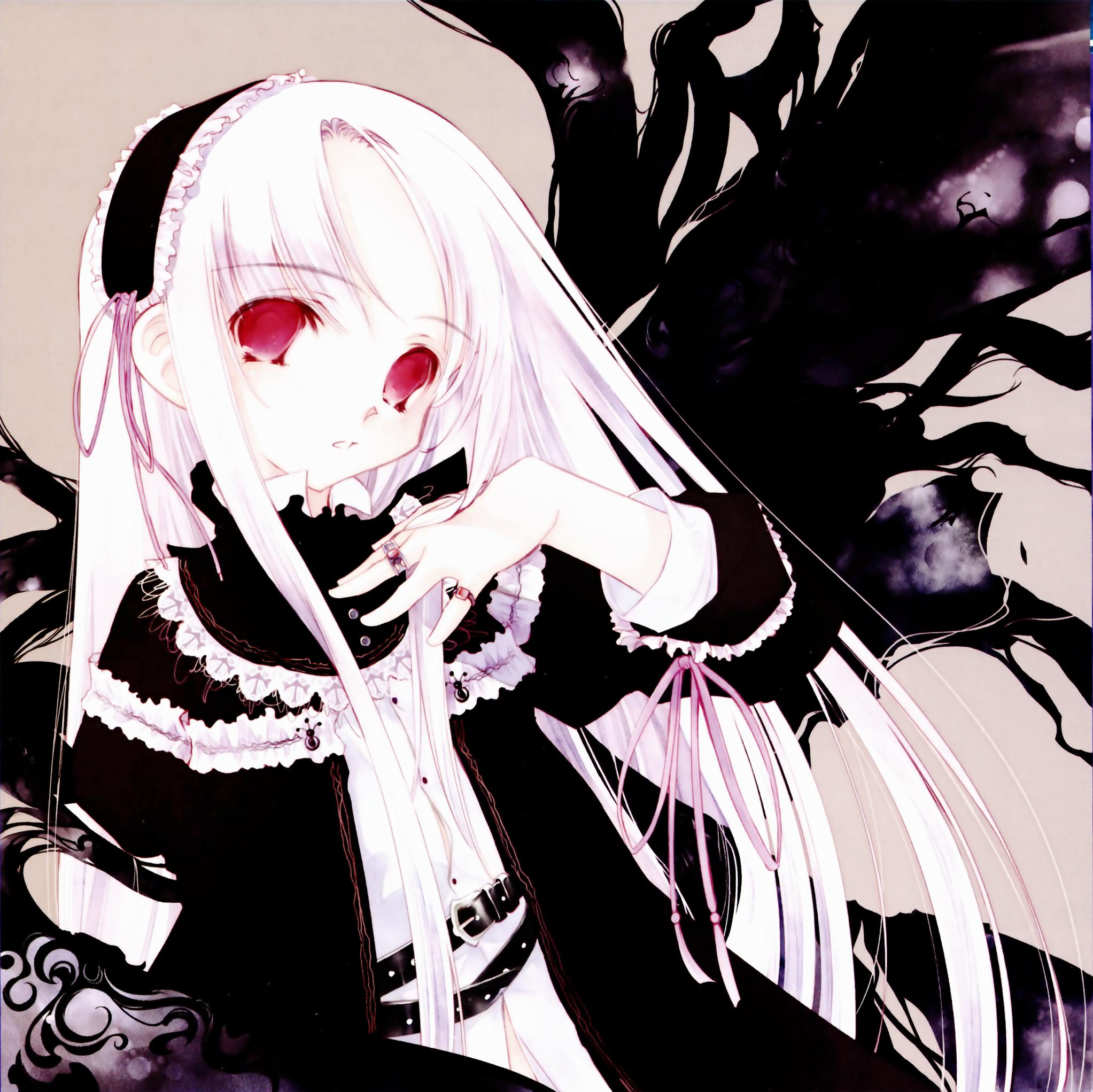 sumi keiichi, aquarian age, highres, 00s, 1girl, albino, belt, black wings, dress, female focus, goth fashion, gothic lolita, hairband, head tilt, jewelry, lolita fashion, long hair, pale skin, parted bangs, red eyes, ring, solo, two-tone dress, white hair, wings