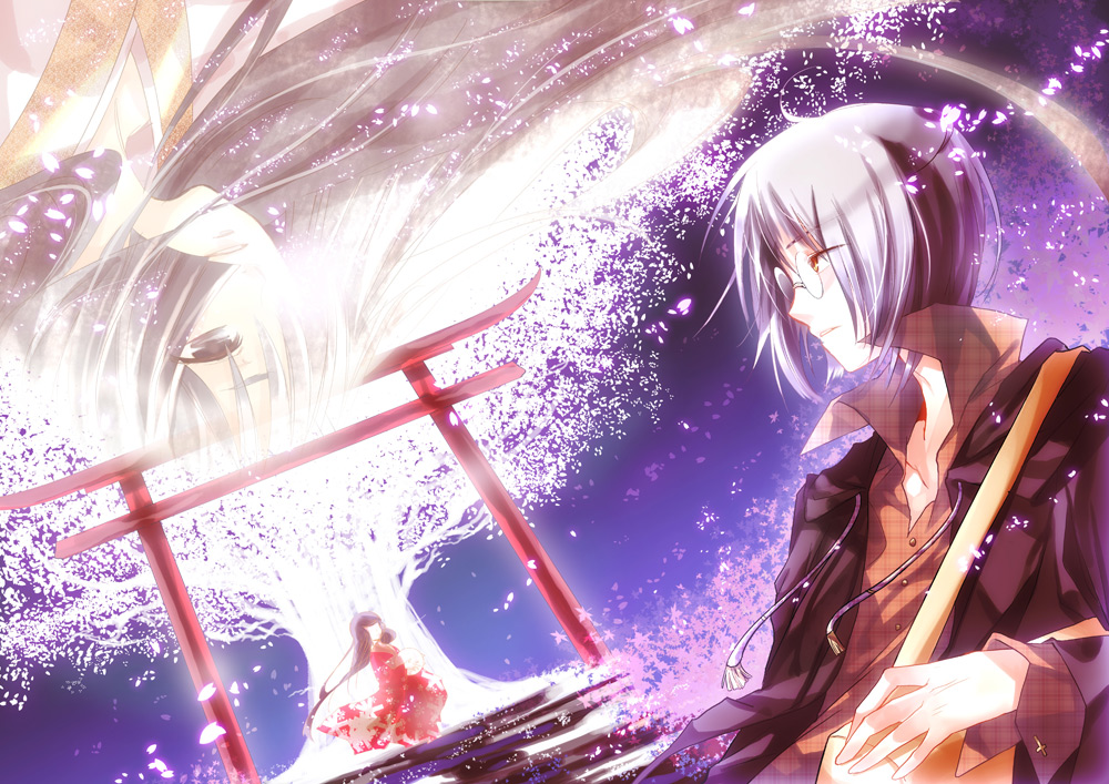 rem (tsulala), bad id, bad pixiv id, bag, glasses, japanese clothes, long hair, miko, petals, short hair, torii, tree