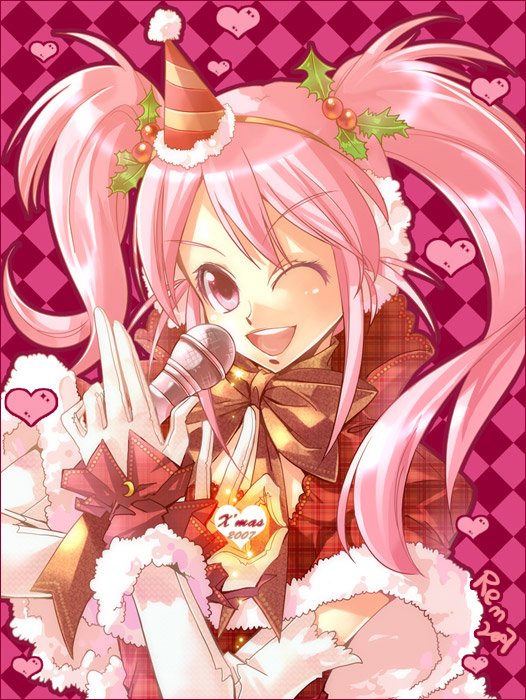 rem (tsulala), bad id, bad pixiv id, 00s, 1girl, 2007, ;d, artist name, bow, capelet, christmas, female focus, gloves, hair ornament, hat, heart, holly, holly hair ornament, long hair, looking at viewer, microphone, one eye closed, open mouth, pink eyes, pink hair, ribbon, santa costume, smile, solo, twintails, upper body, white gloves, wink