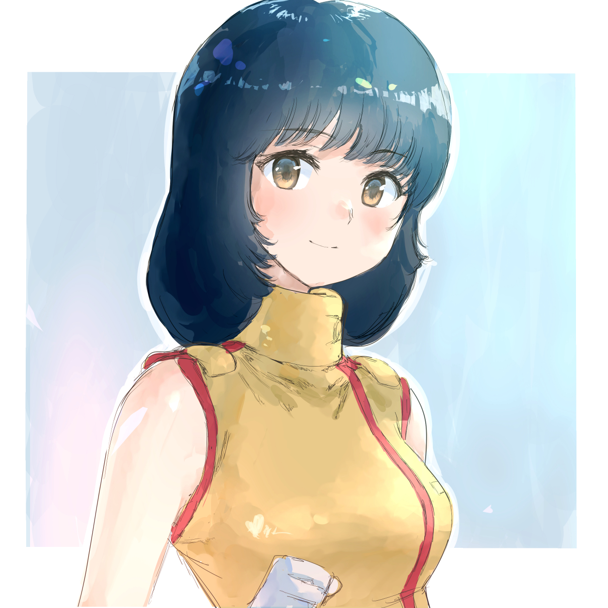 nao32, fa yuiry, gundam, zeta gundam, commentary, highres, 1girl, aeug, black hair, blue background, blue eyes, blue hair, breasts, dress, gloves, gradient background, looking at viewer, medium hair, military uniform, portrait, science fiction, sleeveless, smile, solo, upper body, white background, white gloves