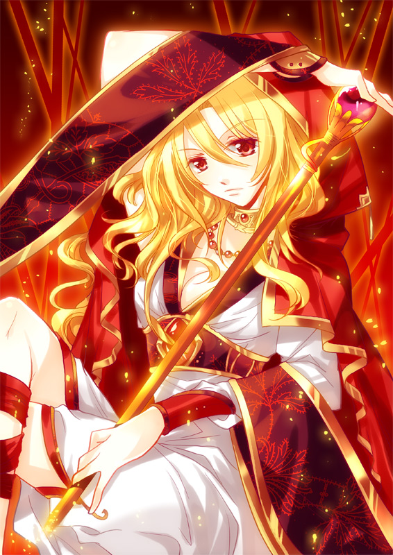 rem (tsulala), bad id, bad pixiv id, blonde hair, choker, japanese clothes, jewelry, kimono, long hair, necklace, red eyes, solo, staff