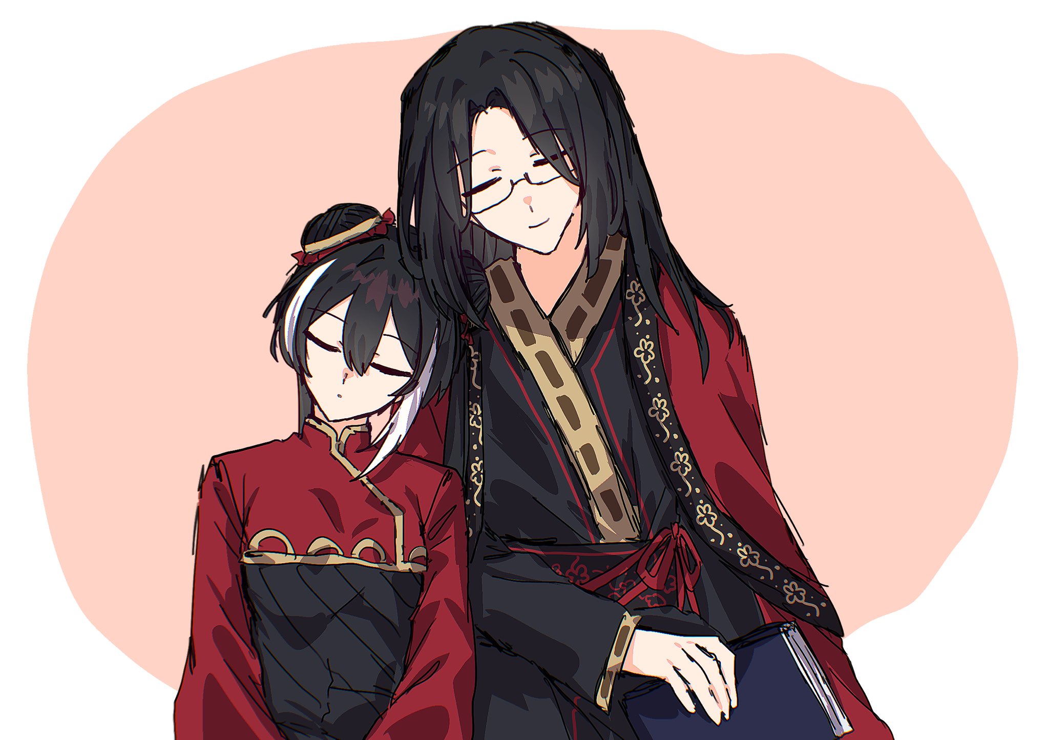 xxed h, jia xichun (project moon), limbus company, project moon, highres, 1boy, 1girl, black dress, black hair, black shirt, border, chinese clothes, closed eyes, coat, coat on shoulders, double bun, dress, glasses, hair bun, long hair, long sleeves, looking at viewer, multicolored hair, orange background, red coat, red shrug, rope belt, shirt, simple background, sleeping, streaked hair, twintails, upper body, wei (project moon), white border, white streaks