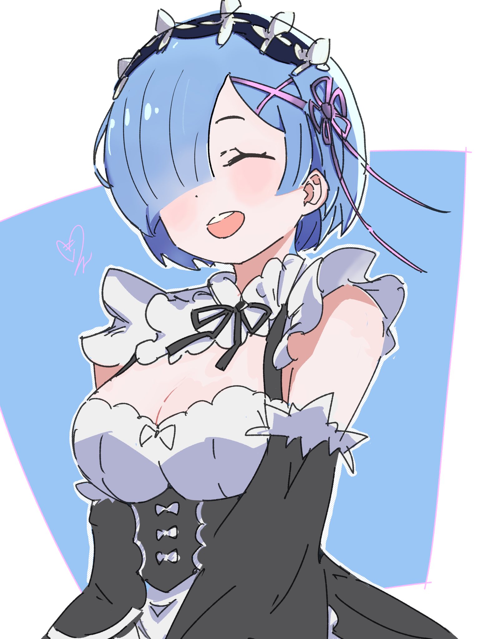 rem (re:zero), re:zero kara hajimeru isekai seikatsu, highres, 1girl, :d, black ribbon, blue hair, blush, breasts, cleavage, closed eyes, detached sleeves, dress, hair ornament, hair over one eye, hair ribbon, large breasts, maid, maid headdress, ninie, open mouth, outline, pink ribbon, ribbon, ribbon-trimmed clothes, ribbon trim, roswaal mansion maid uniform, short hair, smile, solo, teeth, two-tone background, upper body, upper teeth only, v arms, white outline, x hair ornament