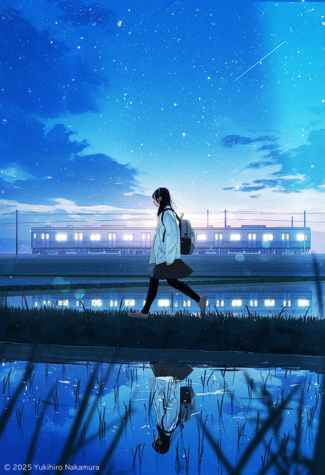 nakamura yukihiro, original, highres, 1girl, backpack, bag, black hair, black pantyhose, black skirt, blue sky, blurry, cloud, coat, depth of field, gradient sky, grass, landscape, long hair, meteor, mountainous horizon, night, night sky, overhead line, pantyhose, reflection, reflective water, rice paddy, rural, scenery, shoes, sidelocks, skirt, sky, solo, star (sky), train, walking, white coat, white shoes
