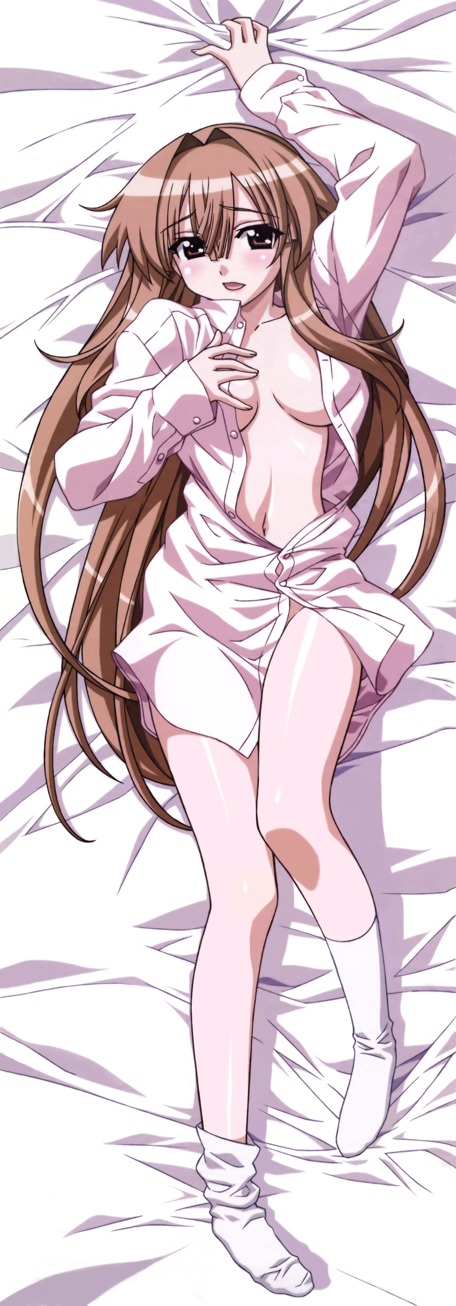 seto sun, seto no hanayome, absurdres, artist request, highres, long image, non-web source, tall image, 00s, 1girl, bed, blush, breasts, brown eyes, brown hair, dakimakura (medium), female focus, full body, long hair, medium breasts, naked shirt, navel, open clothes, open shirt, shirt, smile, socks, solo, thighs, very long hair