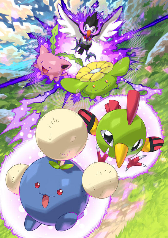 hoppip, jumpluff, natu, skiploom, trumbeak, nintendo, pokemon, pokemon tcg, artist request, official art, second-party source, :3, ^ ^, bird, blue eyes, blue sky, closed eyes, closed mouth, cloud, day, gen 2 pokemon, gen 7 pokemon, grass, no humans, open mouth, orange eyes, outdoors, pokemon (creature), pokemon focus, red eyes, sky, smile