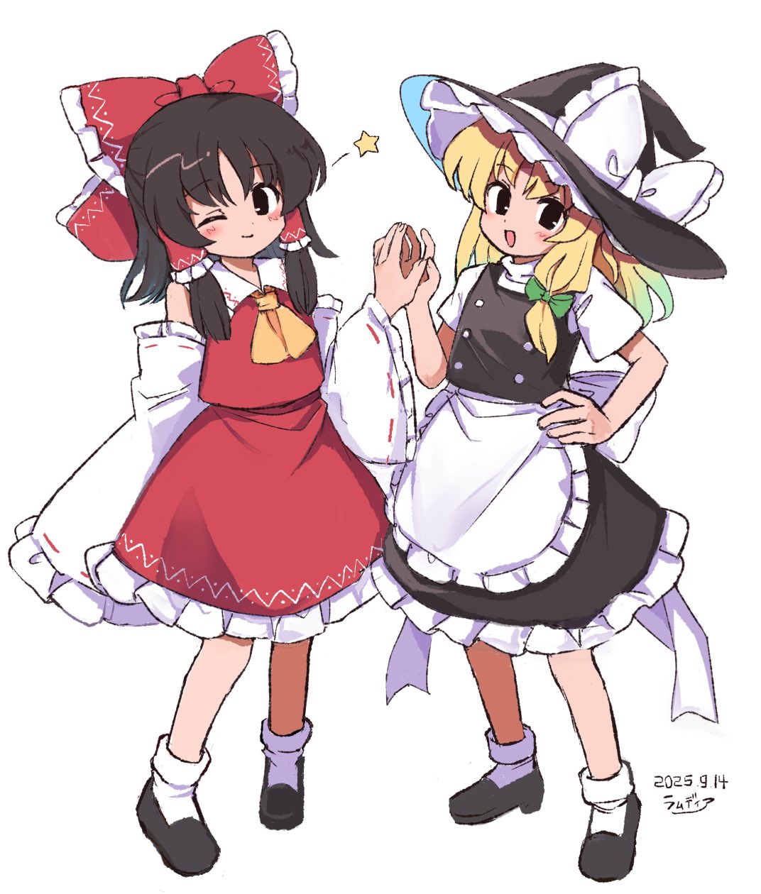 ramudia (lamyun), hakurei reimu, kirisame marisa, touhou, highres, 2girls, :d, ;), apron, ascot, black hair, black hat, black shoes, black skirt, black vest, blonde hair, bow, dated, detached sleeves, frilled bow, frilled hair tubes, frilled skirt, frilled sleeves, frills, full body, green bow, hair bow, hair tubes, hand on own hip, hat, hat bow, holding hands, long sleeves, looking at viewer, multiple girls, one eye closed, open mouth, red bow, red shirt, red skirt, shirt, shoes, short sleeves, signature, simple background, skirt, sleeveless, sleeveless shirt, sleeves past fingers, sleeves past wrists, smile, socks, standing, star (symbol), vest, waist apron, white apron, white background, white bow, white shirt, white sleeves, white socks, wide sleeves, witch hat, yellow ascot, yellow eyes